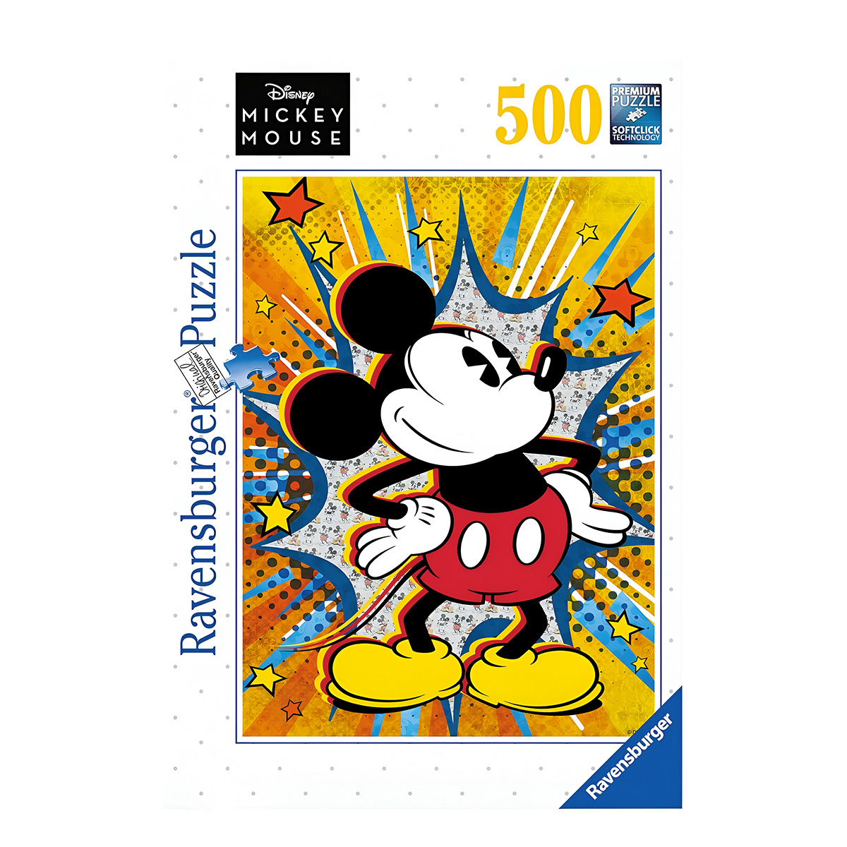 Scatola del puzzle di Topolino con Topolino che posa davanti a uno sfondo in stile fumetto. Ha 500 pezzi.