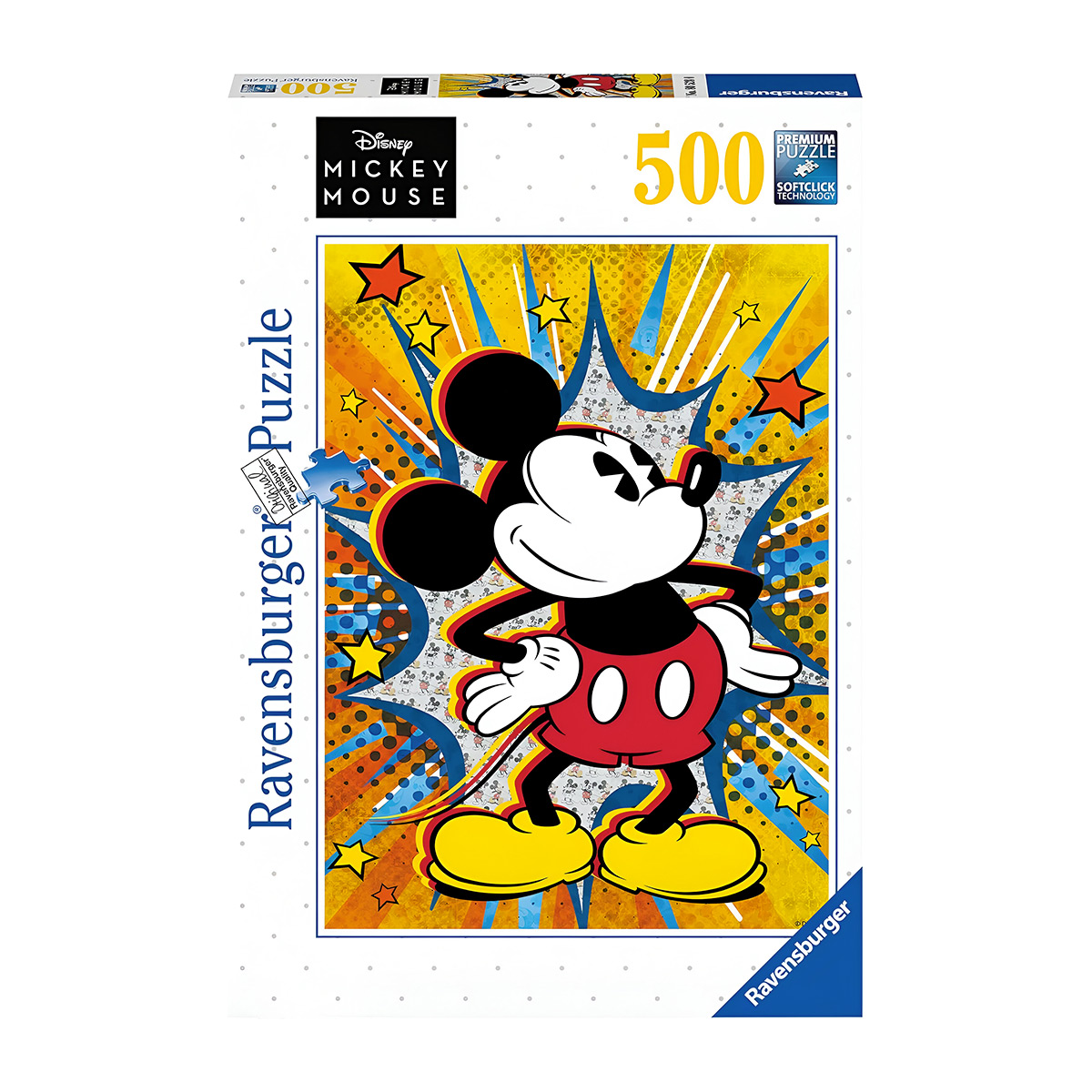 Scatola puzzle di Topolino: Mickey, pantaloncini rossi, scarpe gialle, su sfondo fumetto con stelle.
