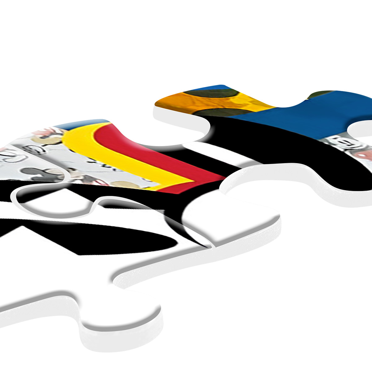 Pezzo di puzzle con motivi e colori, incluso bianco e nero.