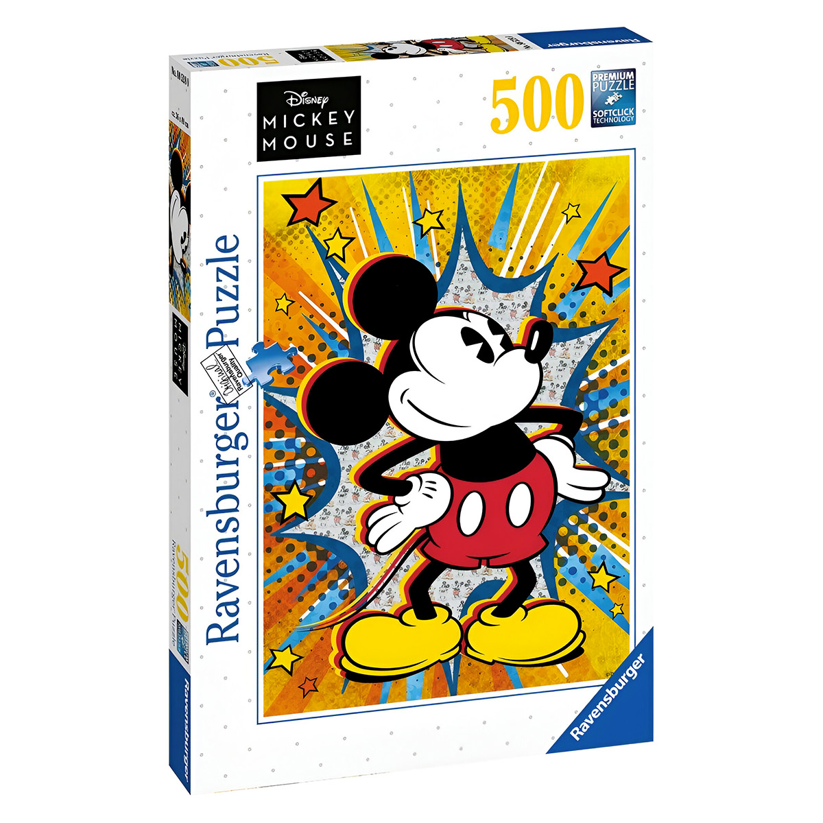 Scatola di puzzle con immagine di Topolino. La scatola è bianca con rosso, giallo e nero.