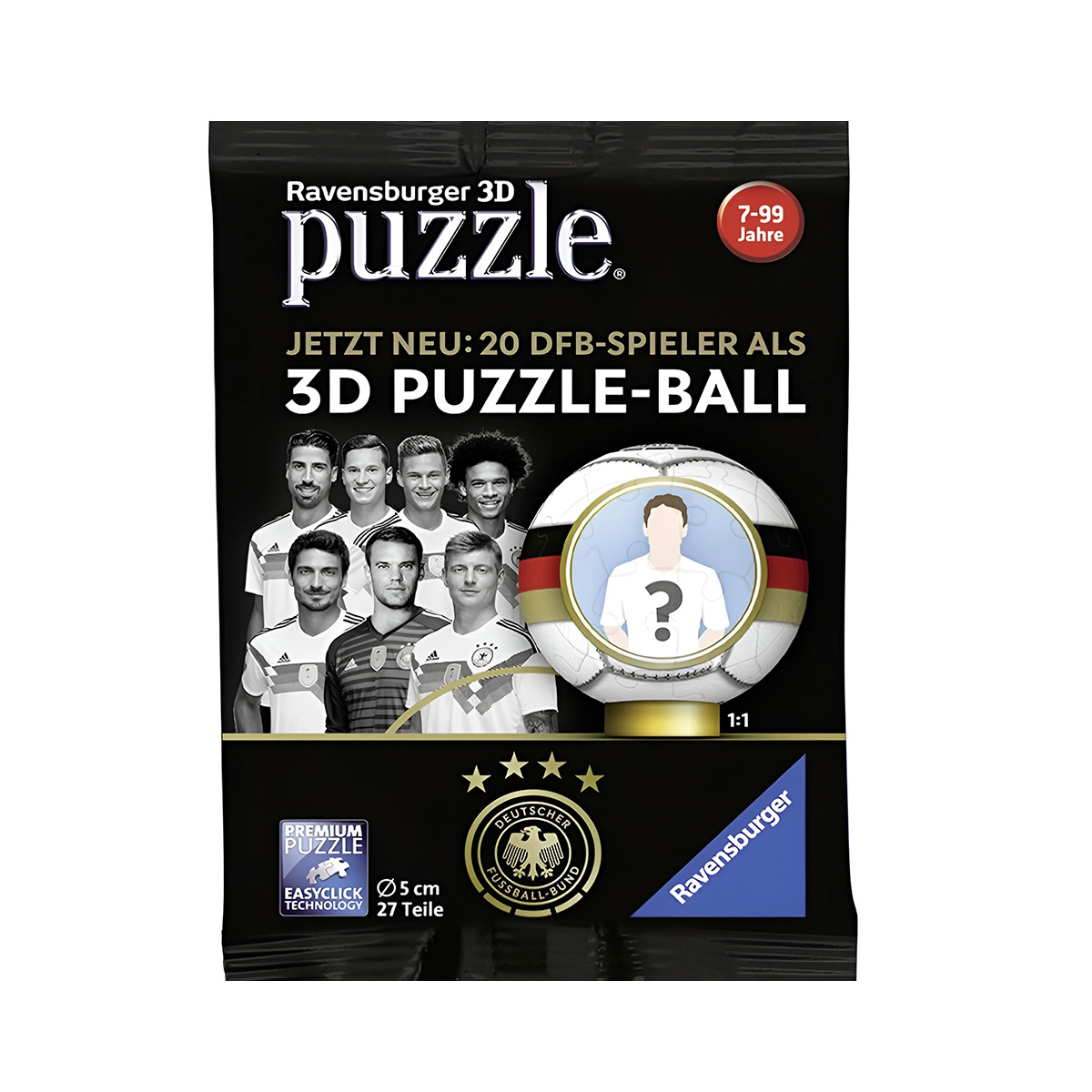 Scatola di puzzle con giocatori di calcio. Sfondo nero con testo e stelle. Bianco e rosso.