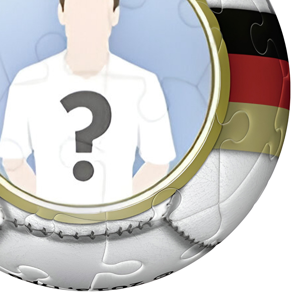 Un puzzle di pallone da calcio con un'immagine di punto interrogativo. L'immagine di un uomo è all'interno di un cerchio.