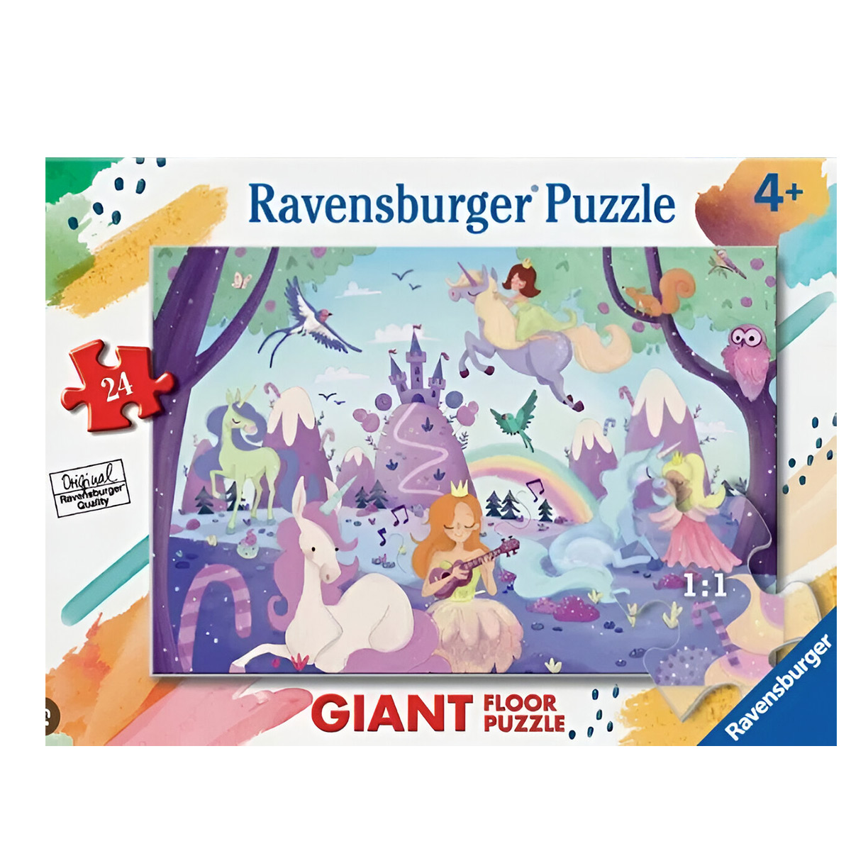 Scatola di puzzle con un'immagine di una scena fantasy con unicorni, castelli e arcobaleni.