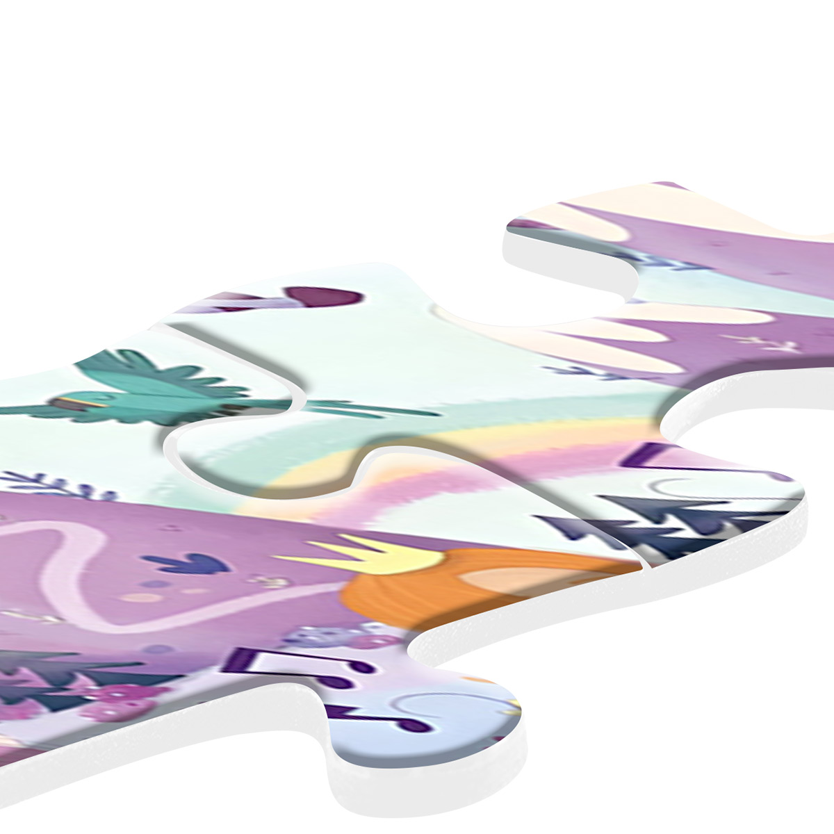 Pezzo di puzzle con un'illustrazione colorata su sfondo bianco.