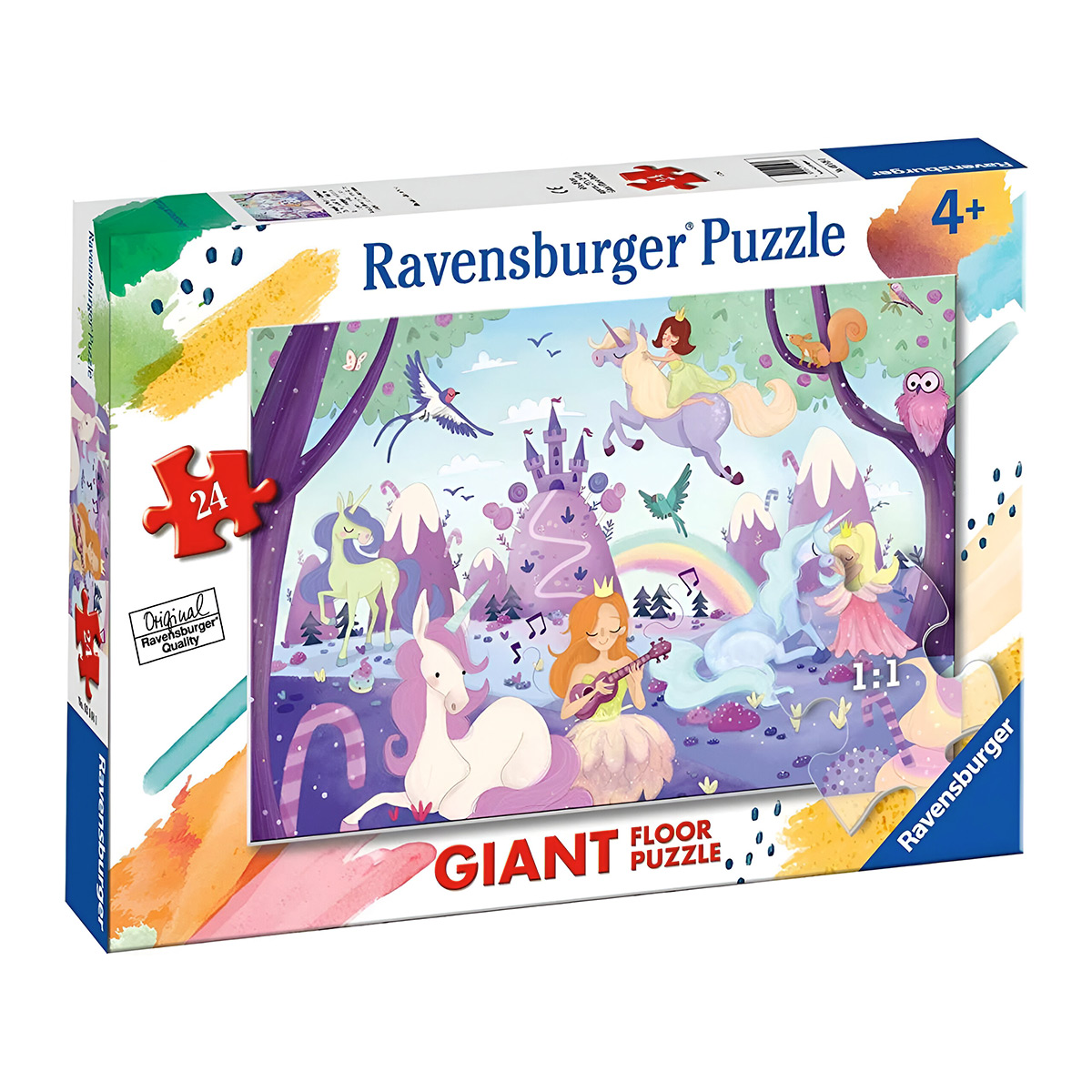 Una scatola di puzzle colorata con una scena fiabesca.