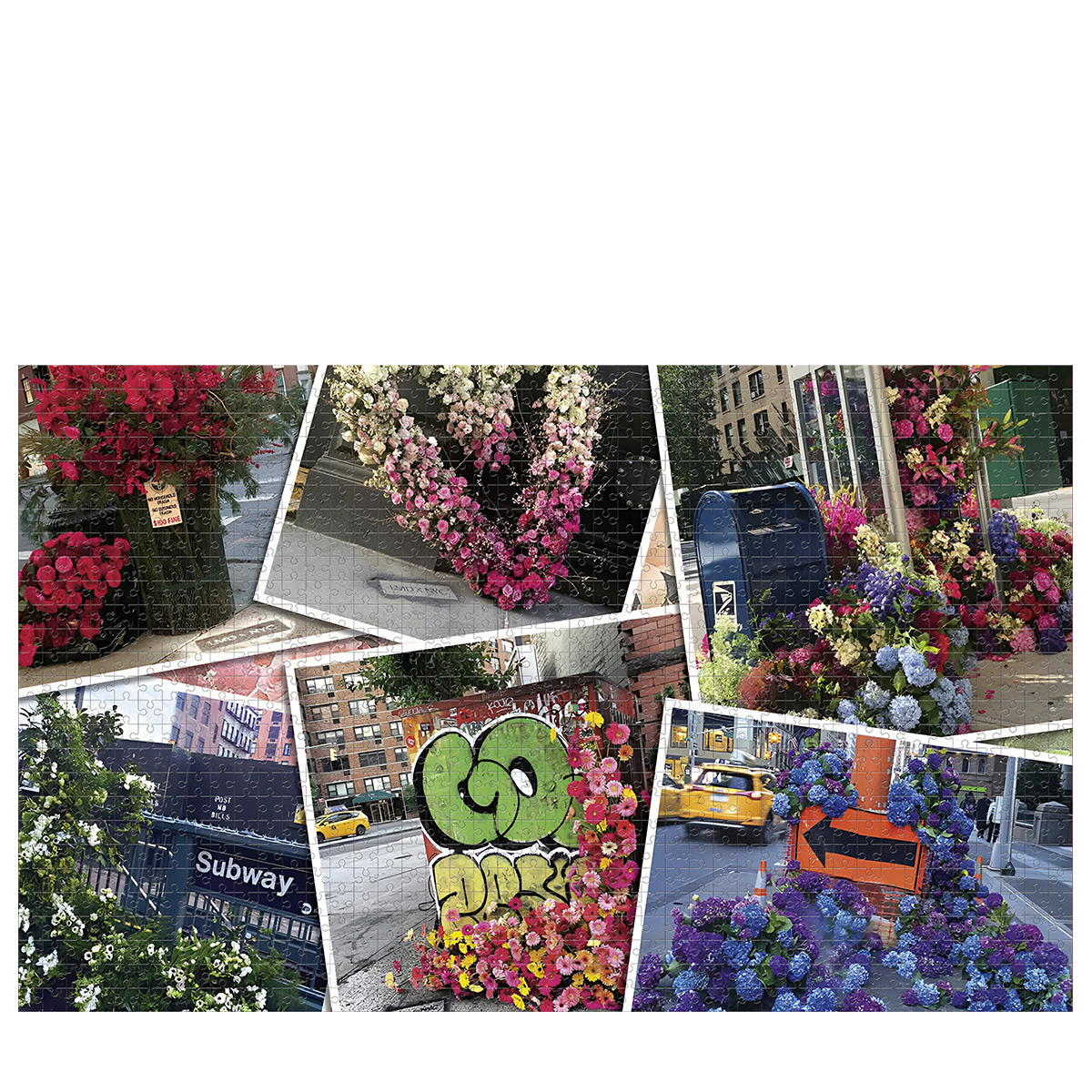 Un puzzle con fiori in diversi contesti urbani. I fiori sono su edifici e strade.
