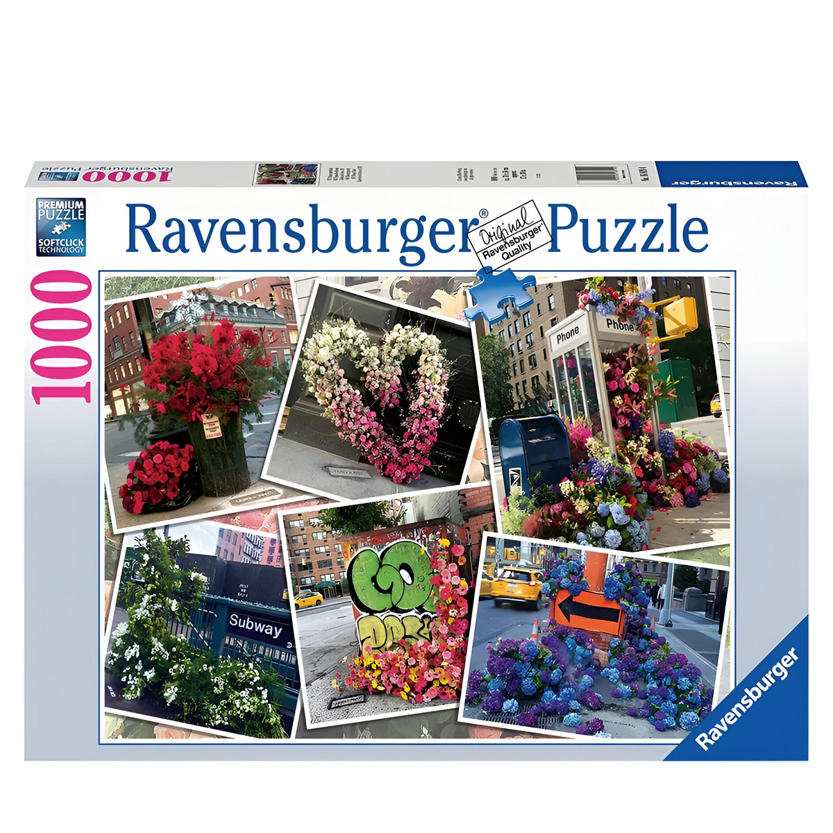 Scatola di puzzle con immagini floreali e paesaggio urbano. La scatola mostra il logo Ravensburger.