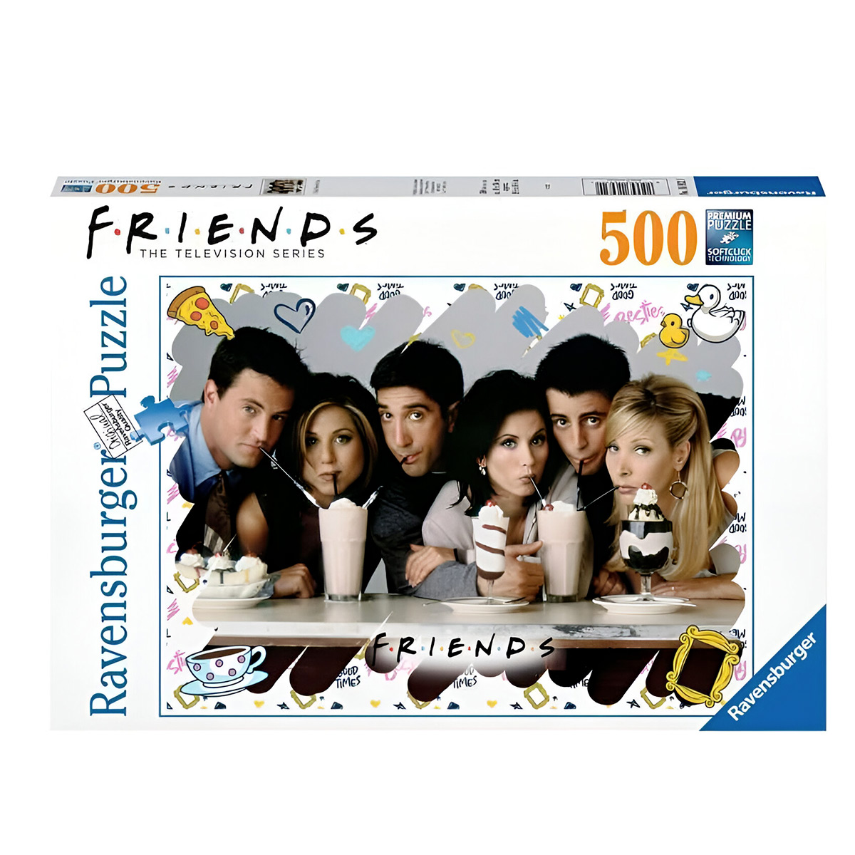 Pudełko z puzzlami Friends z obsadą w barze, trzymającymi koktajle mleczne.