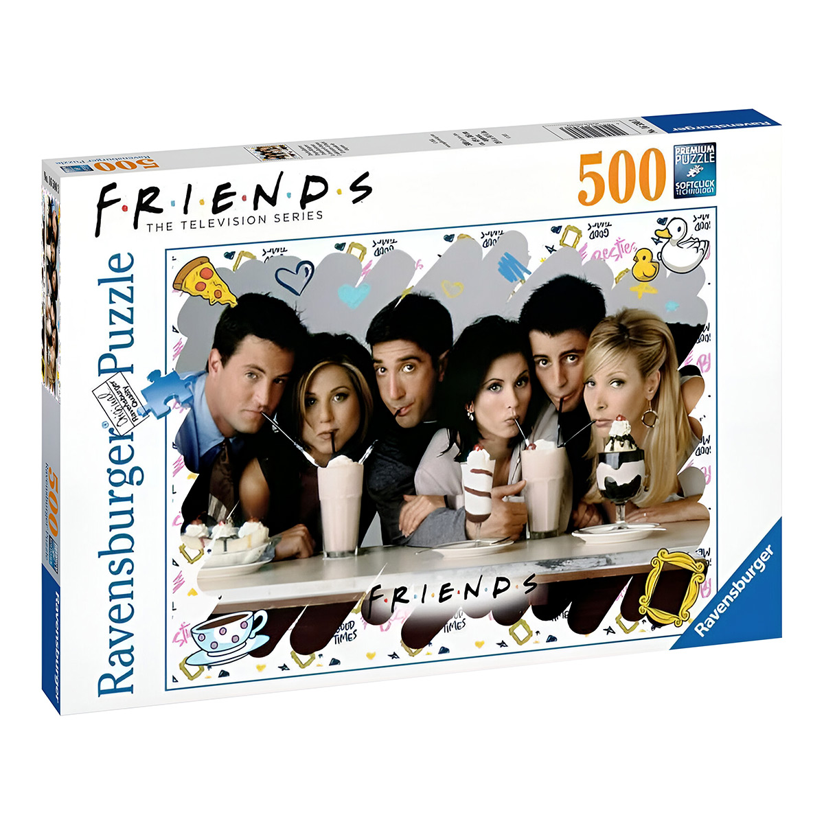Pudełko z puzzlami Przyjaciele, pokazujące obsadę w restauracji, z 500 elementami.