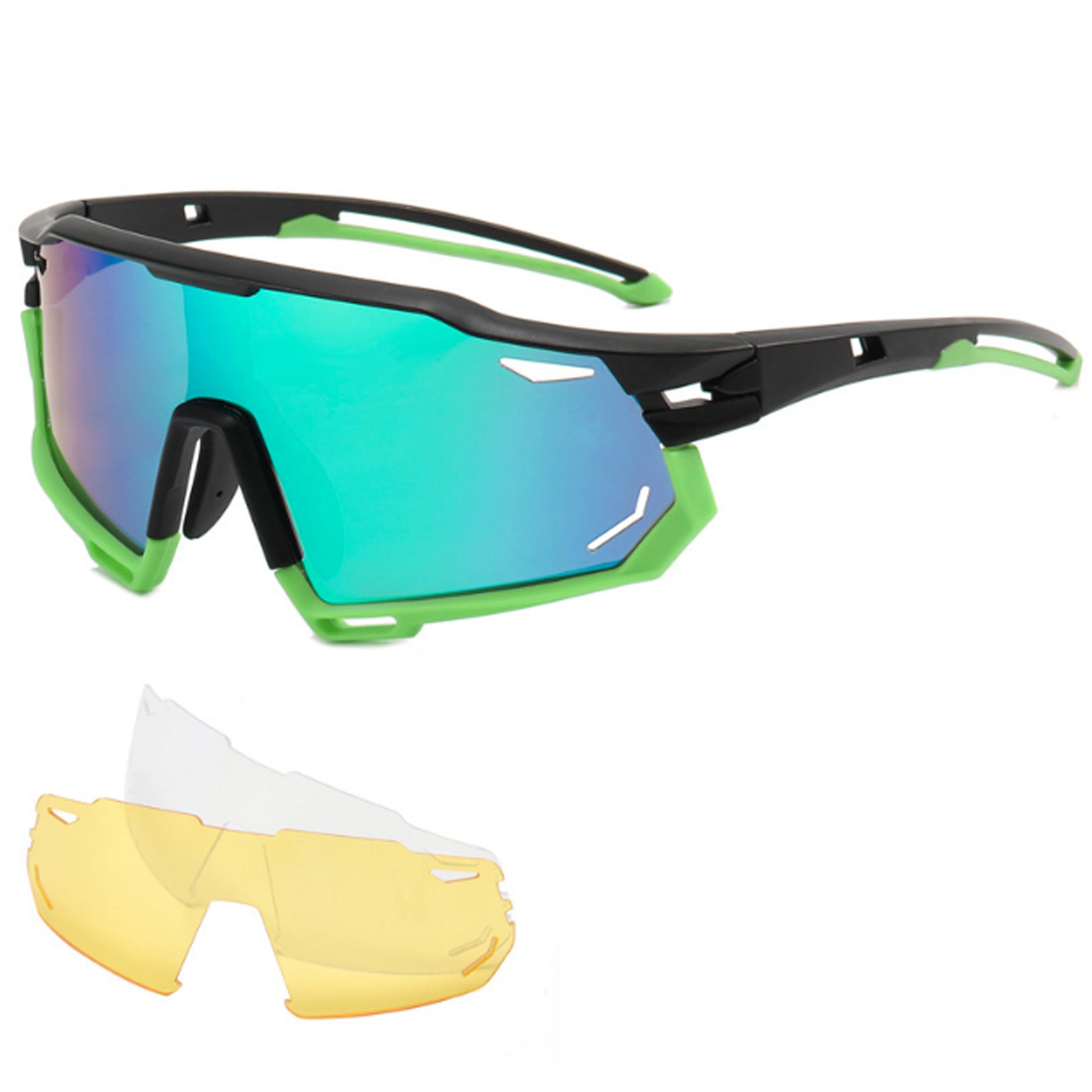 Sportsonnenbrille mit grün-schwarzem Rahmen. Zwei zusätzliche Gläser sind enthalten, gelb und weiß.
