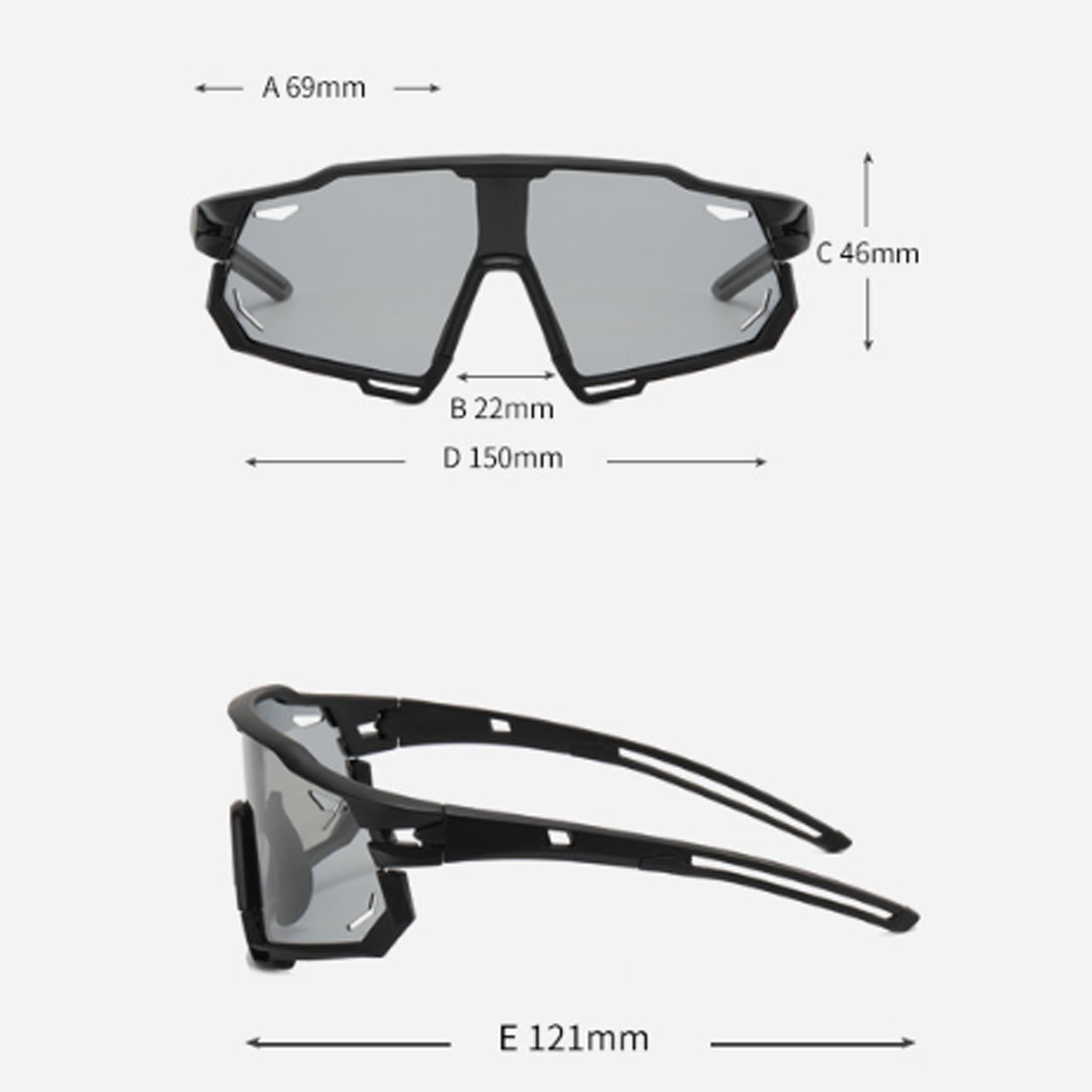 Schwarze Sportsonnenbrille mit Maßen, Draufsicht und Seitenansicht, klarer Hintergrund.