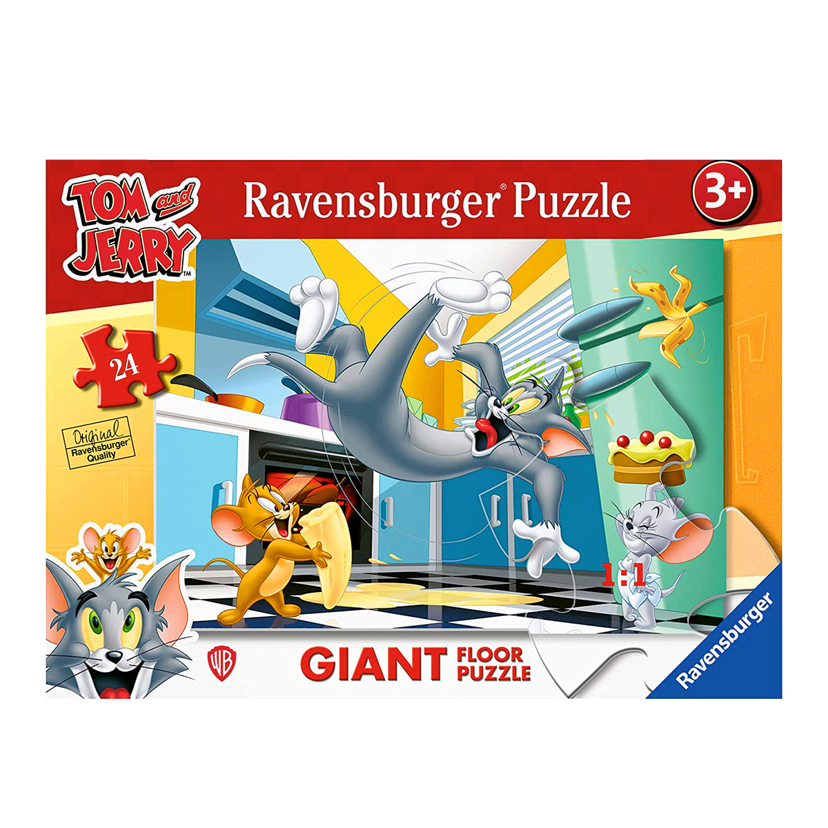 Una scatola di puzzle di Tom e Jerry, con un'immagine di puzzle gigante.