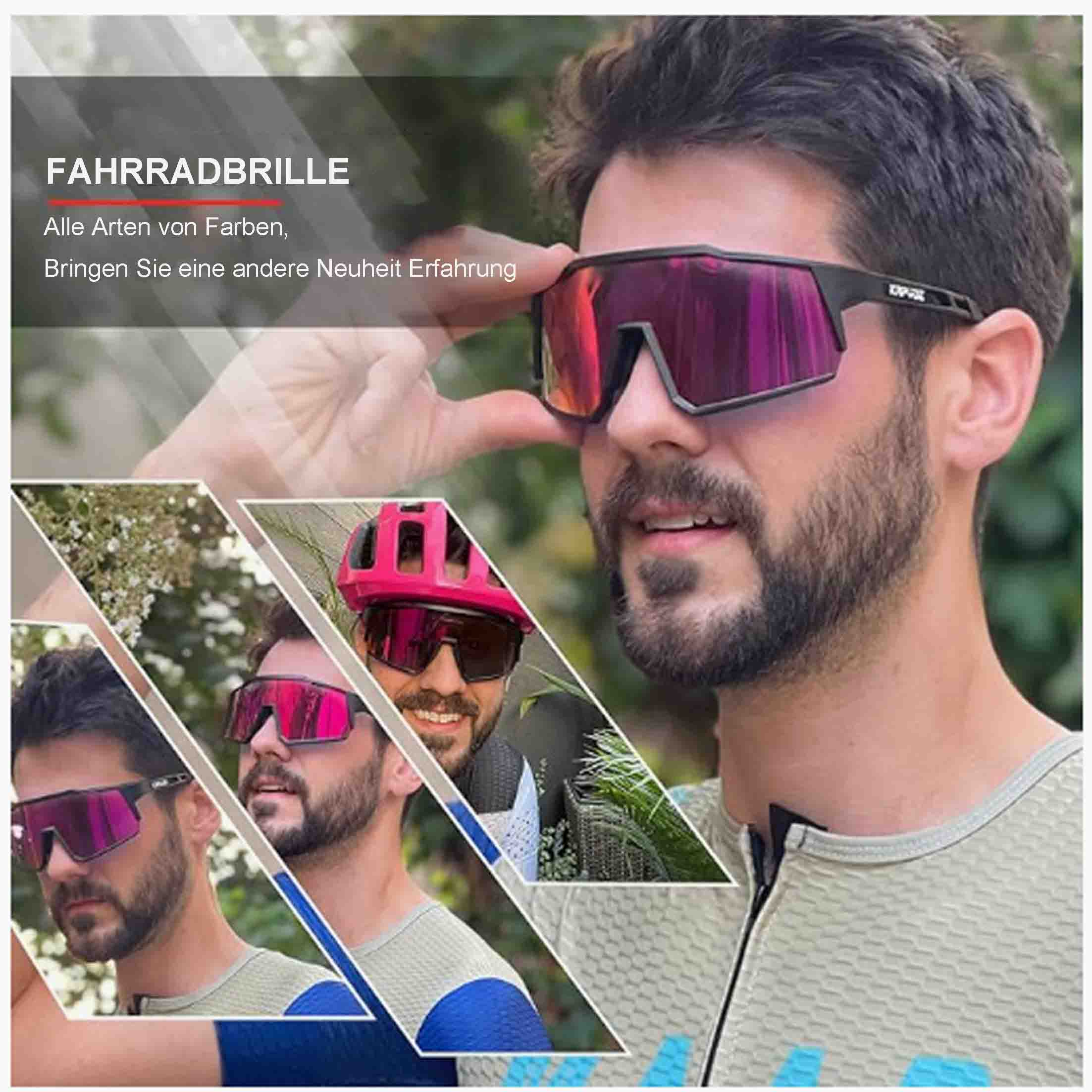 Mann trägt Radbrille, mehrere Bilder, mit pinkfarbenen, reflektierenden Gläsern und schwarzem Rahmen.