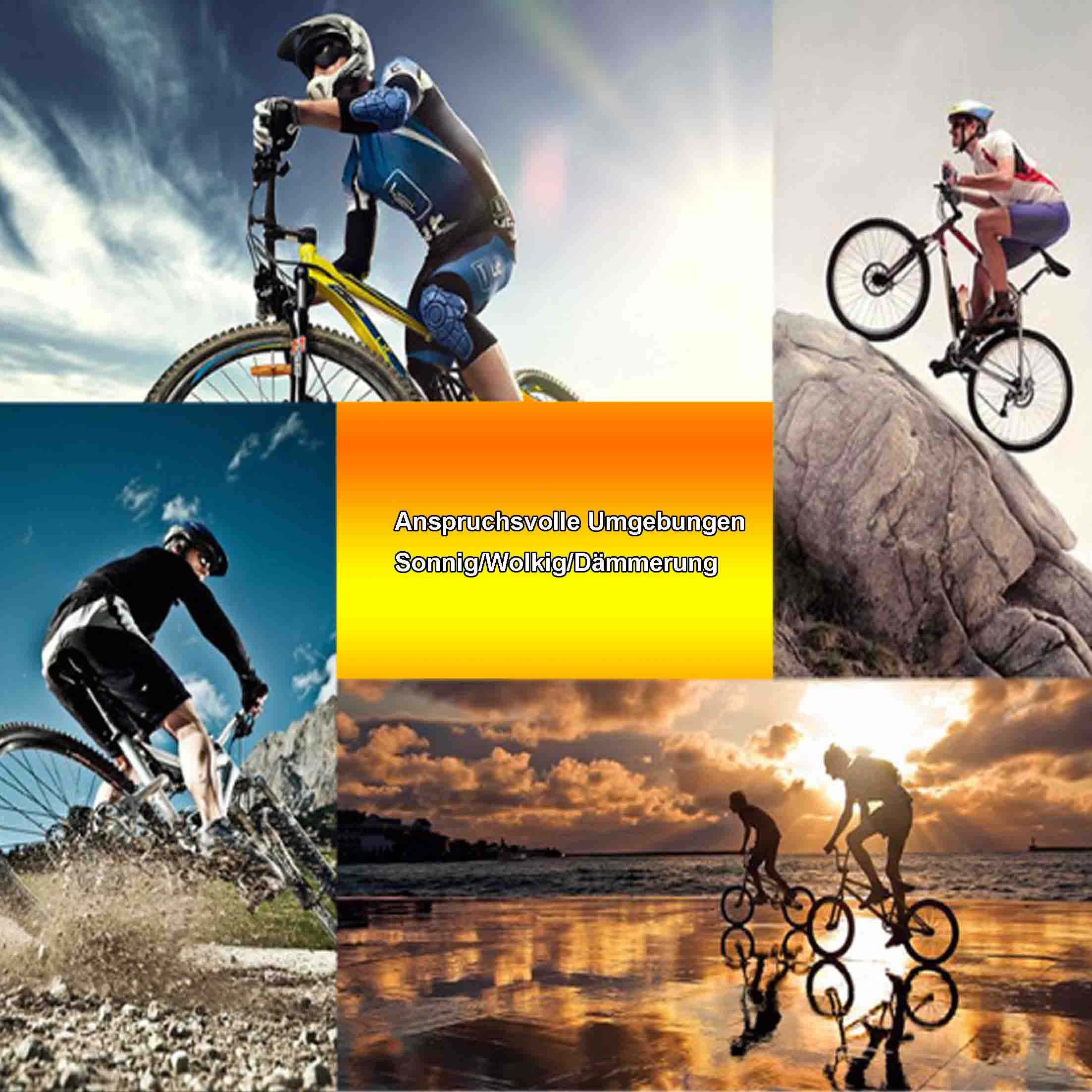 Collage von Radfahrern in verschiedenen Outdoor-Umgebungen: Berge, Strand, Stadt, unter Sonnenuntergang.