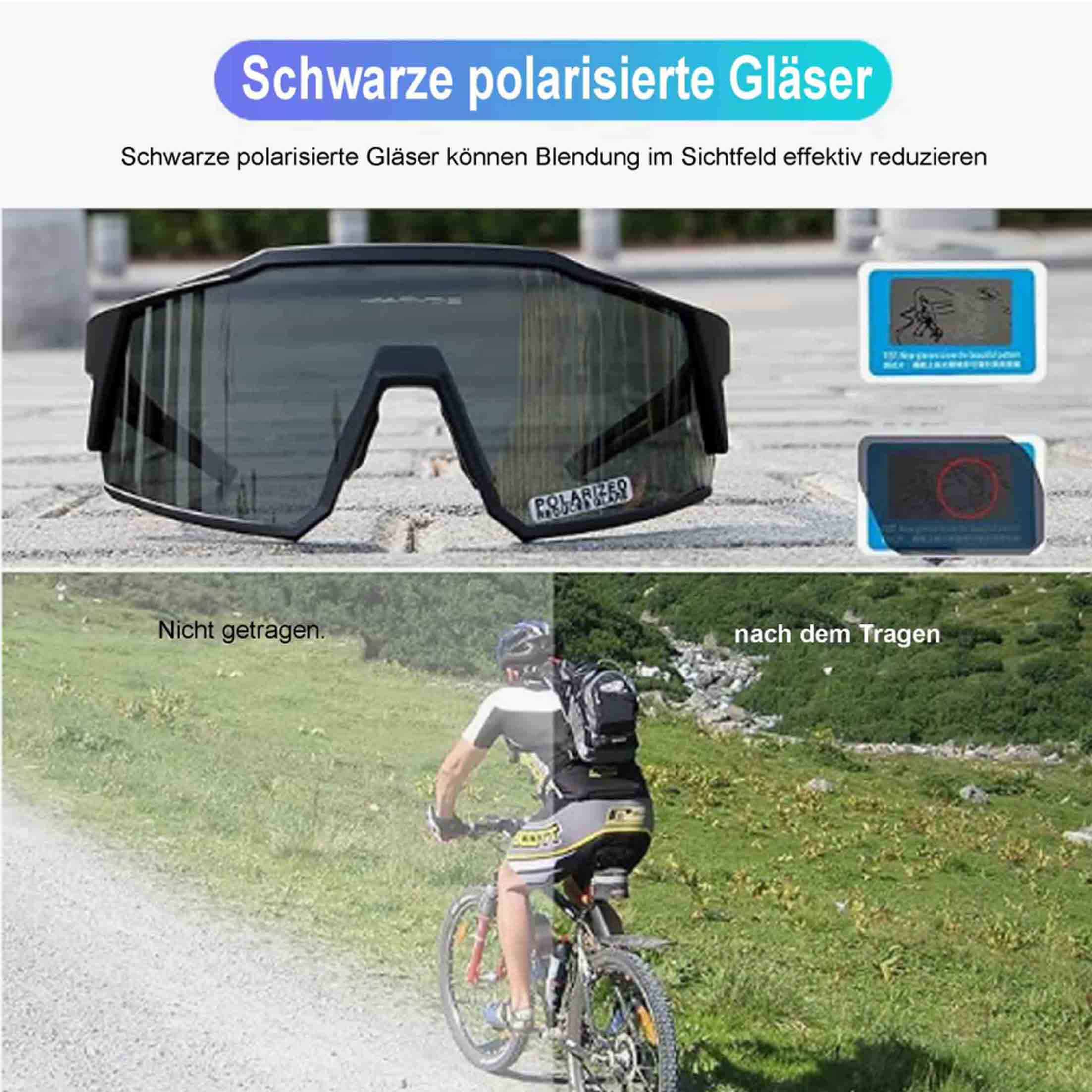 Schwarze Sonnenbrille mit Text, ein Radfahrer und eine verschwommene grüne Landschaft.