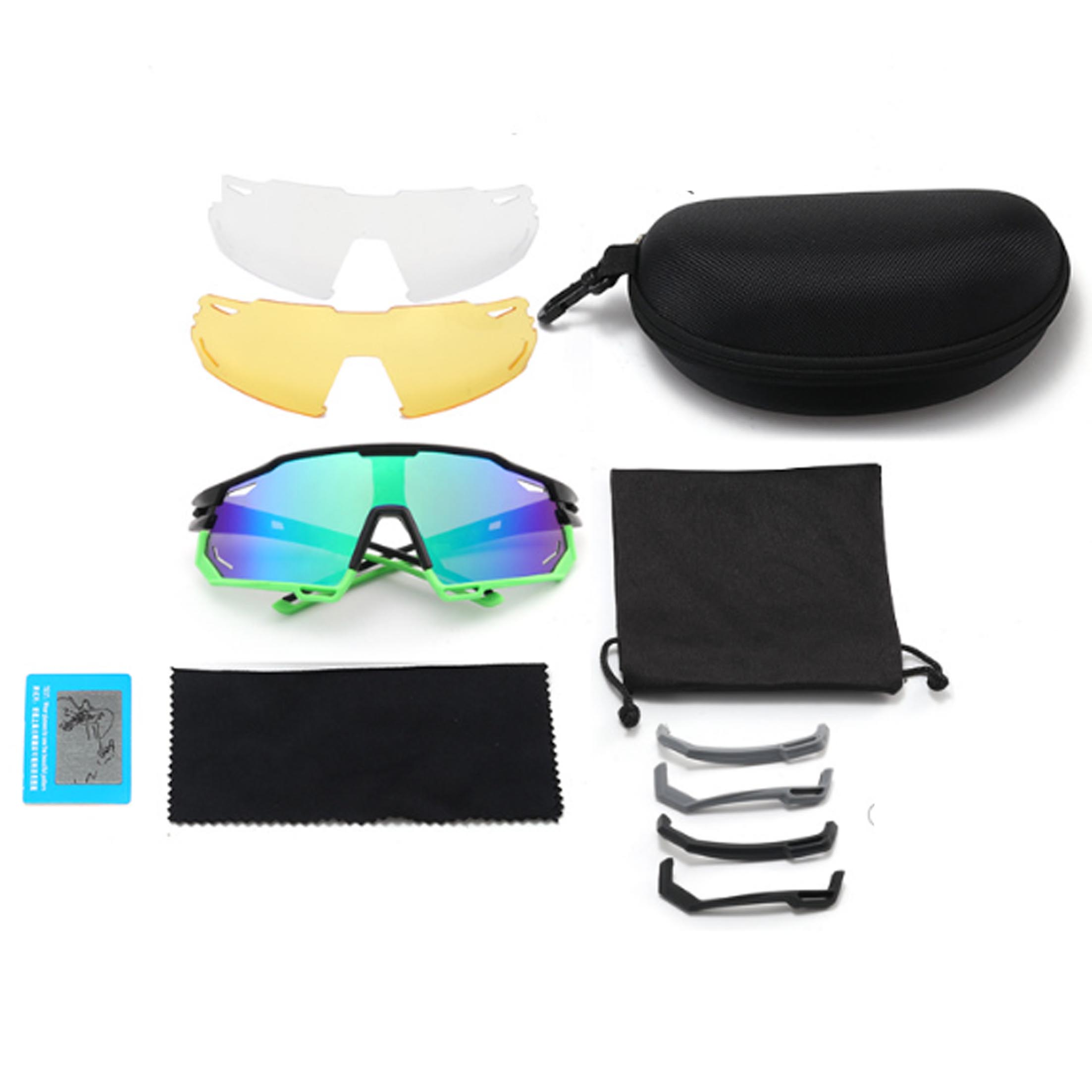 Sonnenbrille mit Wechselgläsern, Etui, Putztuch und Ersatz-Nasenpads auf weißer Oberfläche.
