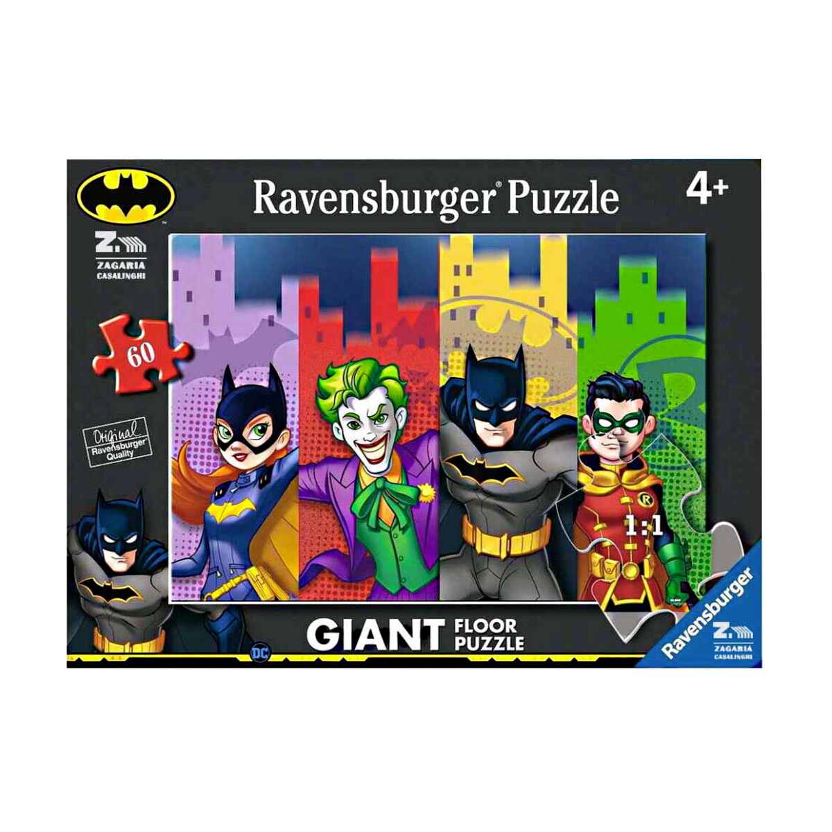 Scatola del puzzle con i personaggi di Batman. Il Joker, Batman, Batgirl e Robin sono visibili.