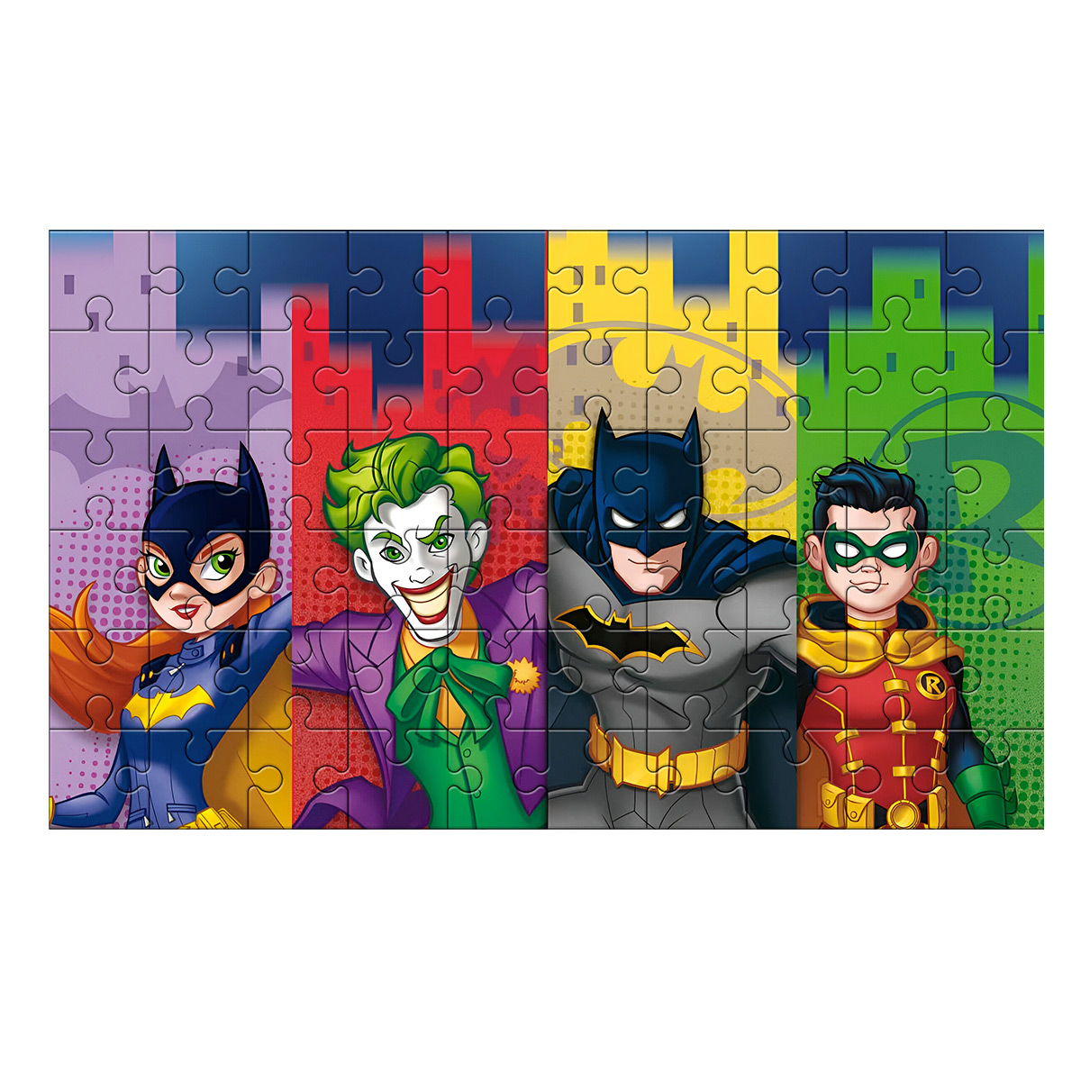Un puzzle completato con Batman, Batgirl, Joker e Robin.