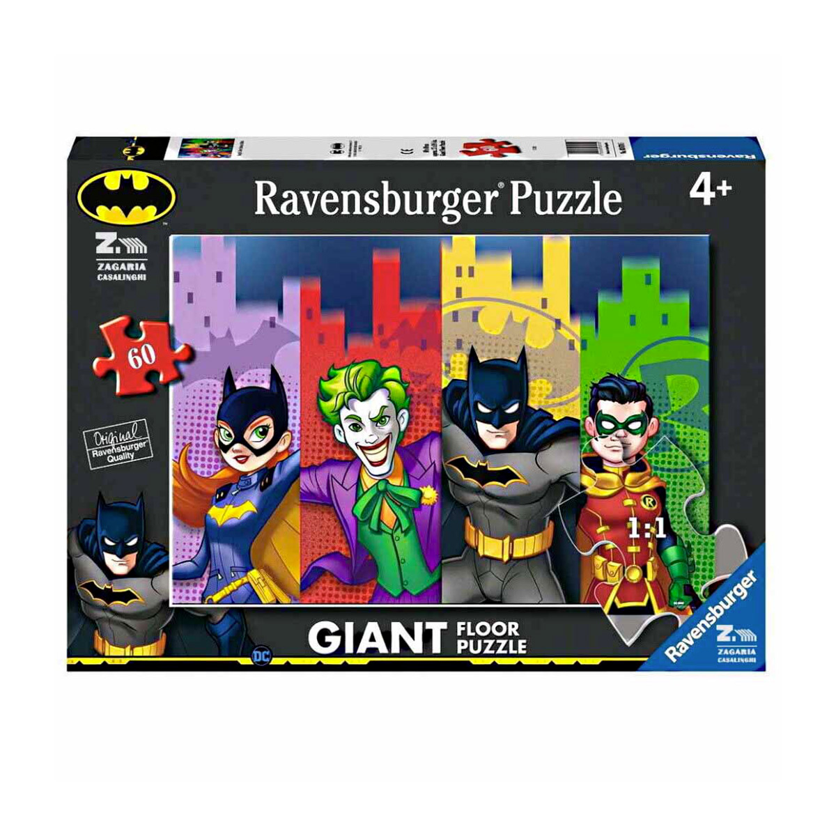 Una scatola di puzzle con personaggi di Batman, tra cui Batman, Robin, Joker e Batgirl. Il puzzle è per bambini dai 4 anni in su.