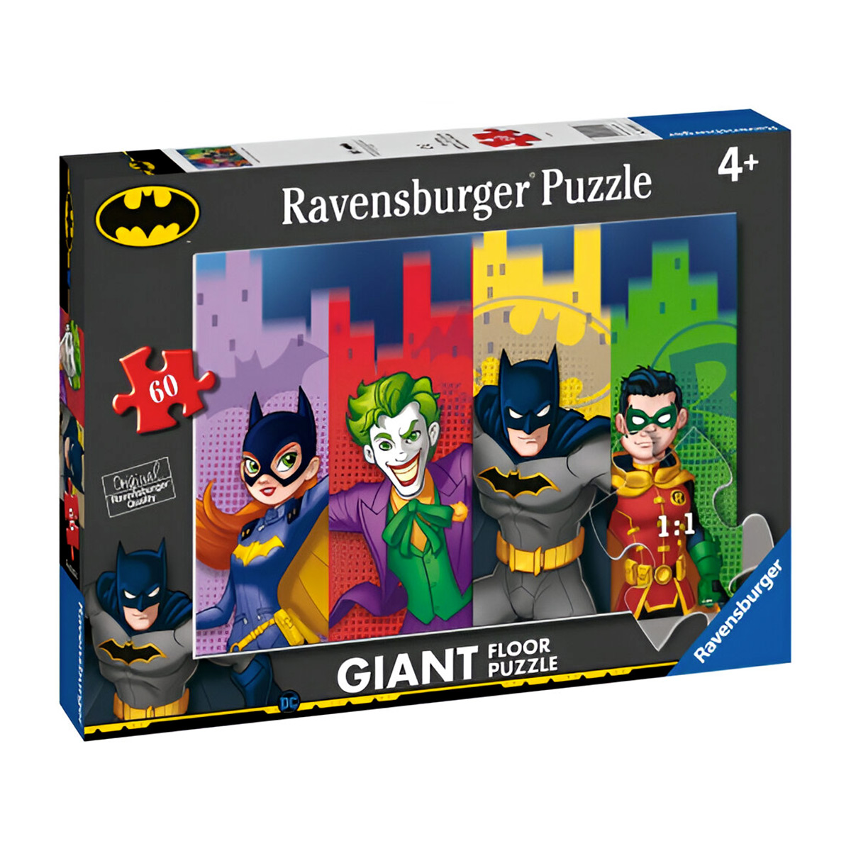 Puzzle in scatola con Batman e altri personaggi. La scatola mostra l'immagine del puzzle.