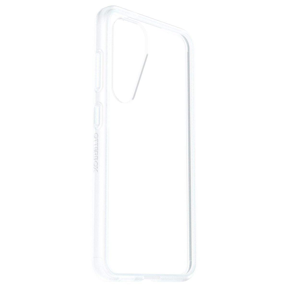 Een transparante telefoonhoes. Het heeft een camera-opening en volumeknoppen. Otterbox-logo is zichtbaar.