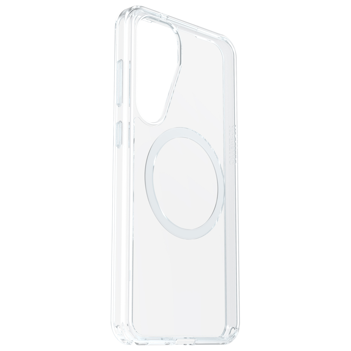 Transparante telefoonhoes met cirkel voor draadloos opladen.