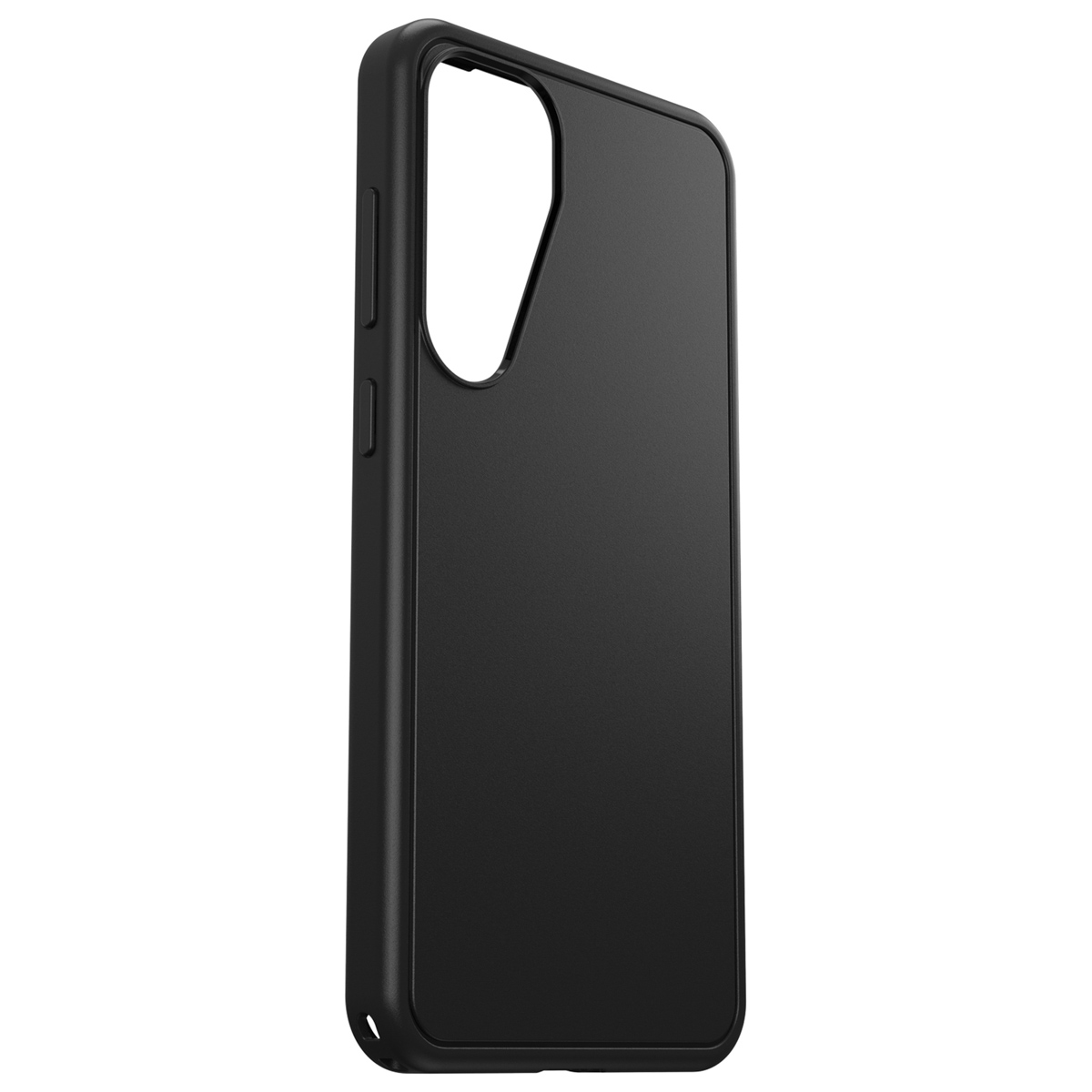 Zwarte telefoonhoes, zijaanzicht. Glad oppervlak, geen branding zichtbaar. Eenvoudig, effen zwart. Knoppen en uitsparingen.