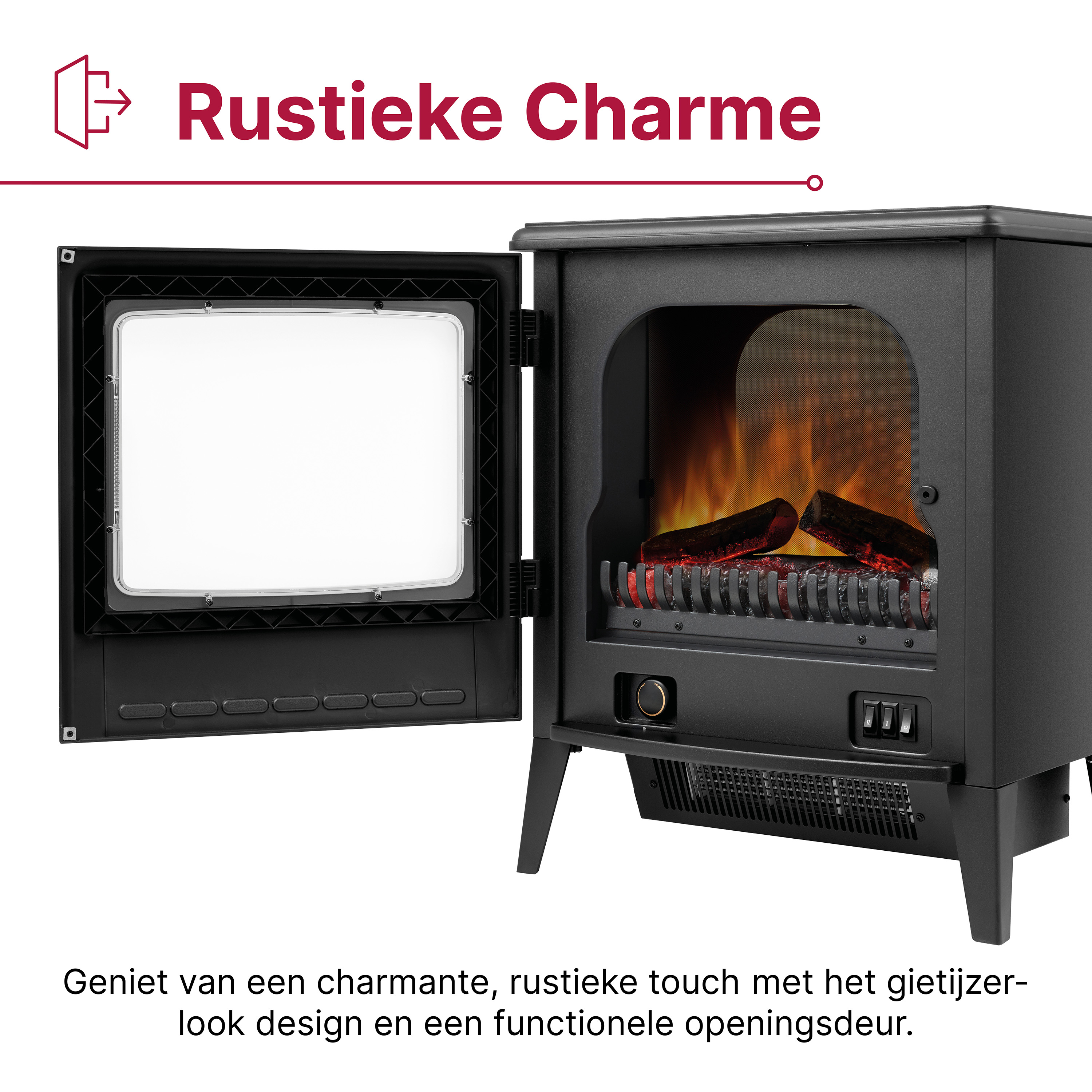Zwarte elektrische open haard met een open deur die het vuur onthult.