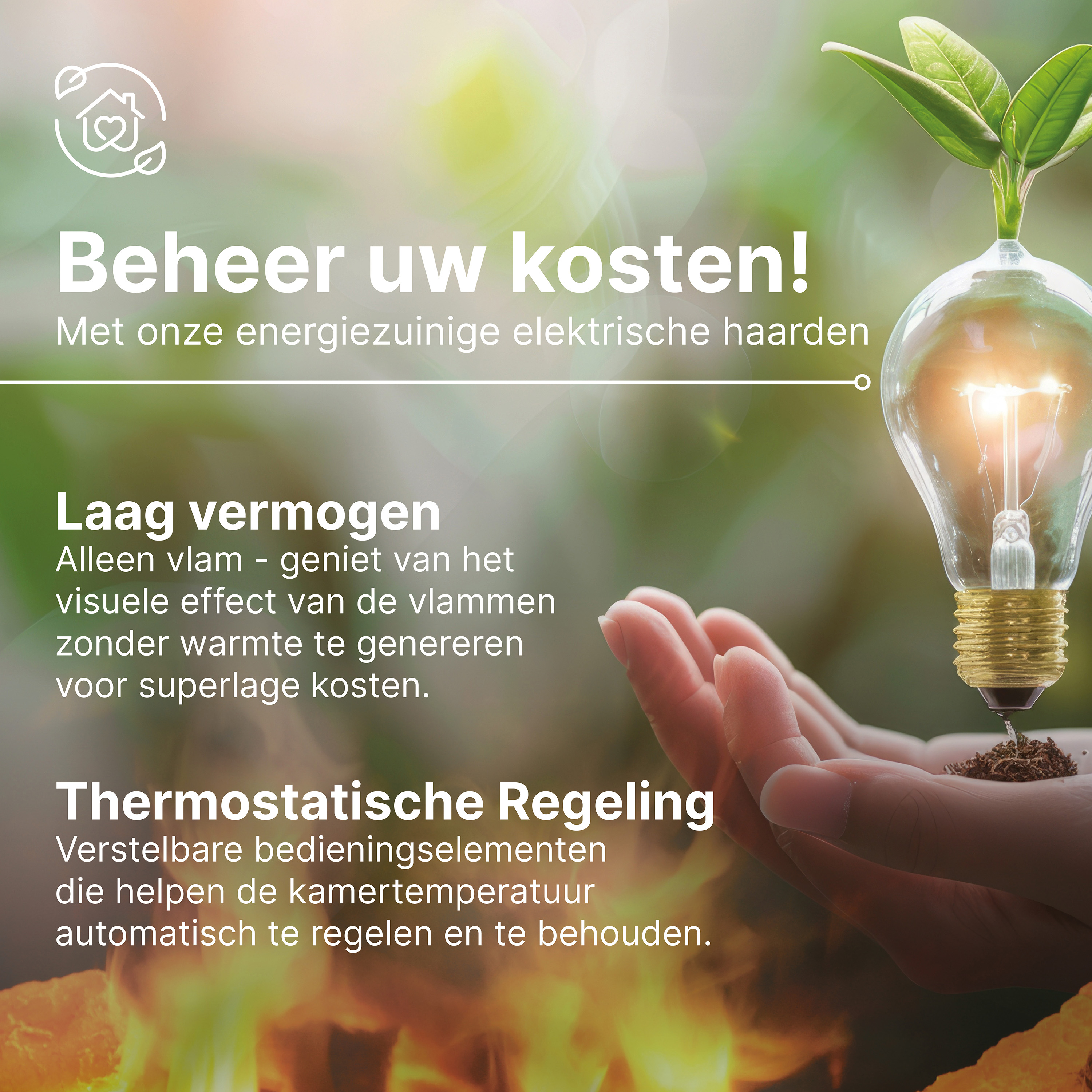 Afbeelding met tekst over energiezuinige elektrische kachels. Een gloeilamp en groene bladeren.