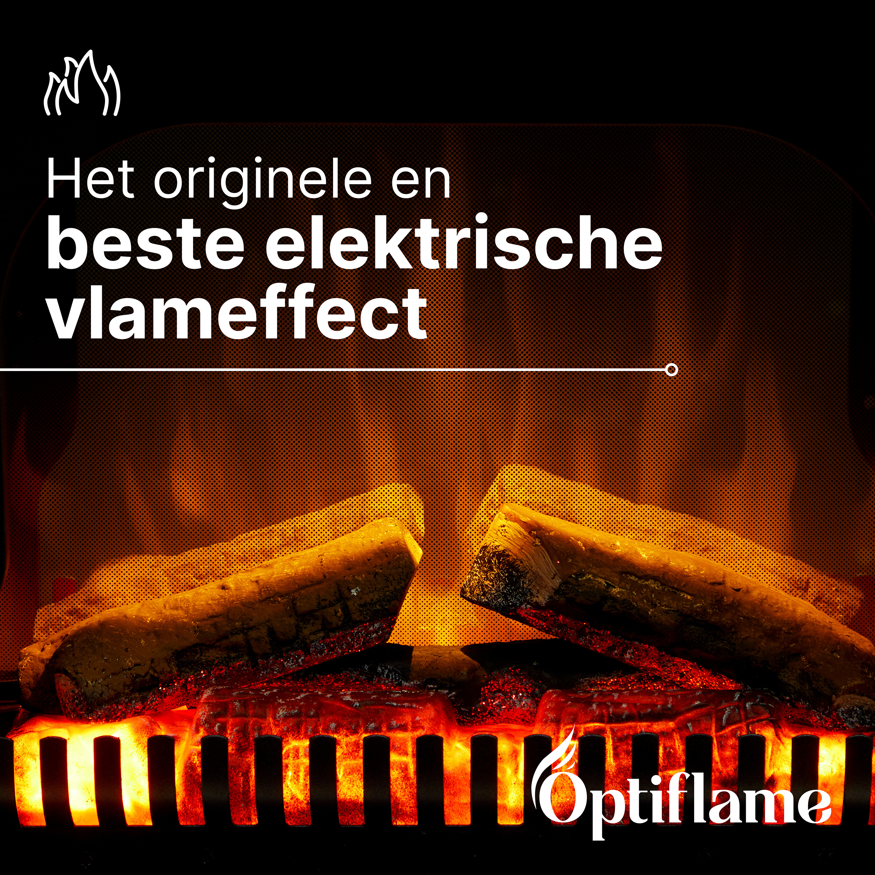 Een elektrische open haard met een realistisch vlameffect en gloeiende houtblokken. Het Optiflame-logo is zichtbaar.