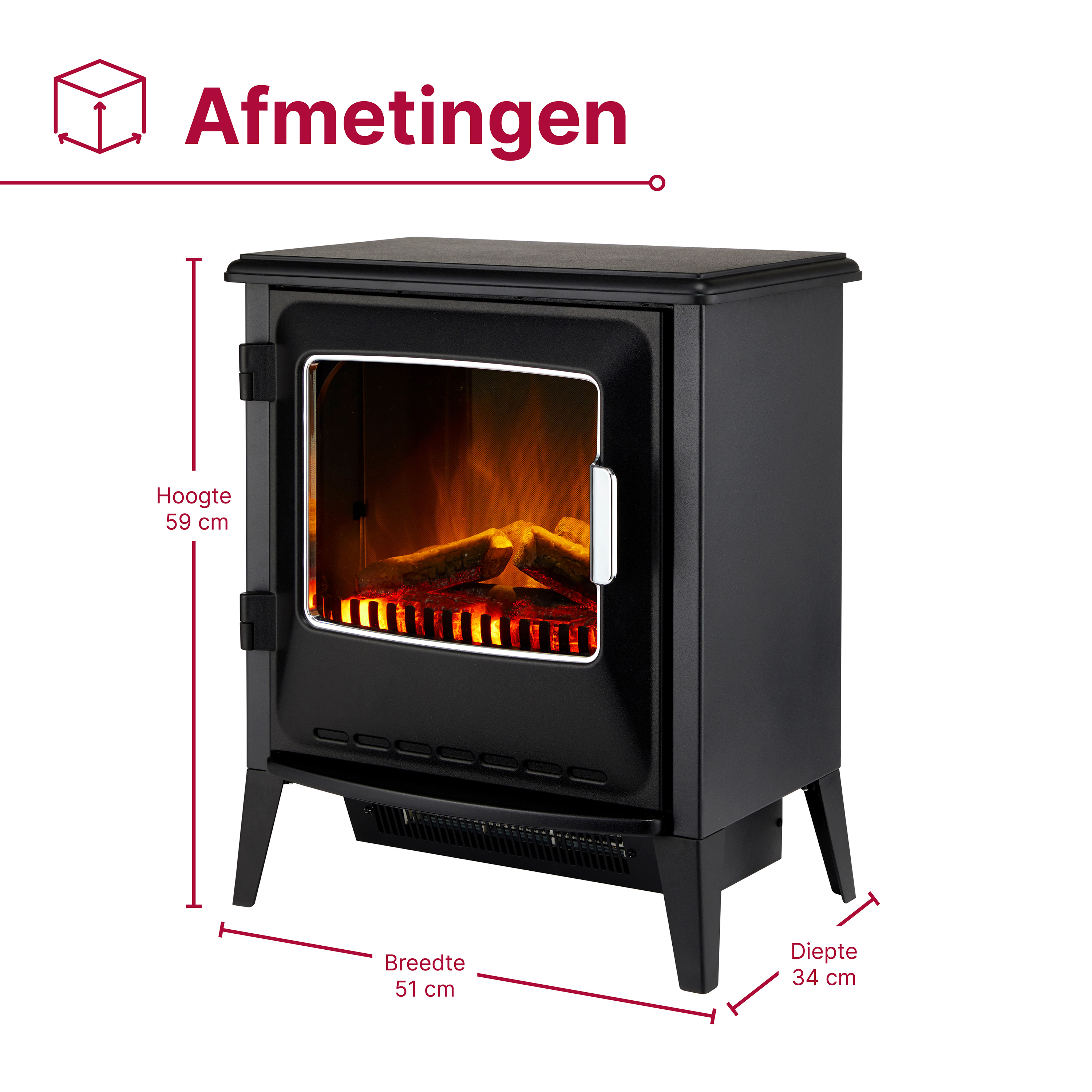 Zwarte elektrische haard met afmetingen: 59cm hoog, 51cm breed, 34cm diep.
