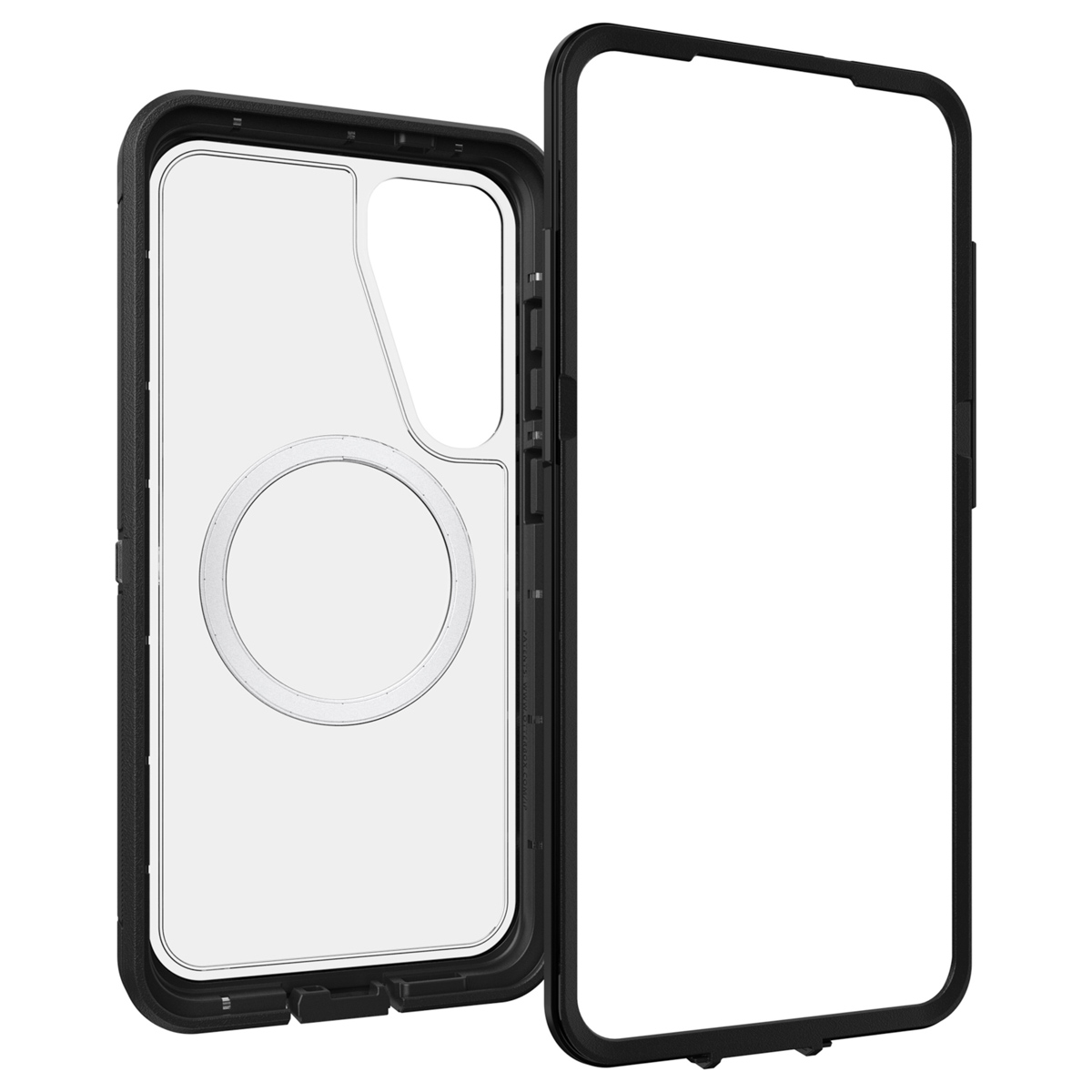 Coque de téléphone, cadre noir, dos transparent. Le côté ouvert montre le cadre.