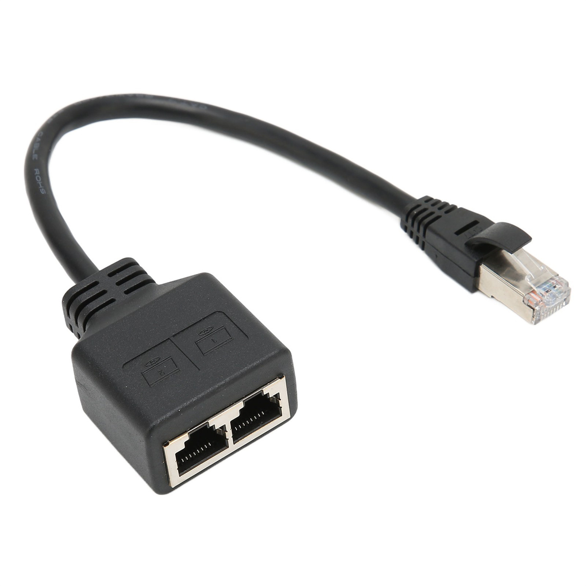 Schwarzer Netzwerk-Kabel-Splitter mit zwei Anschlüssen, verbunden mit RJ45-Stecker.