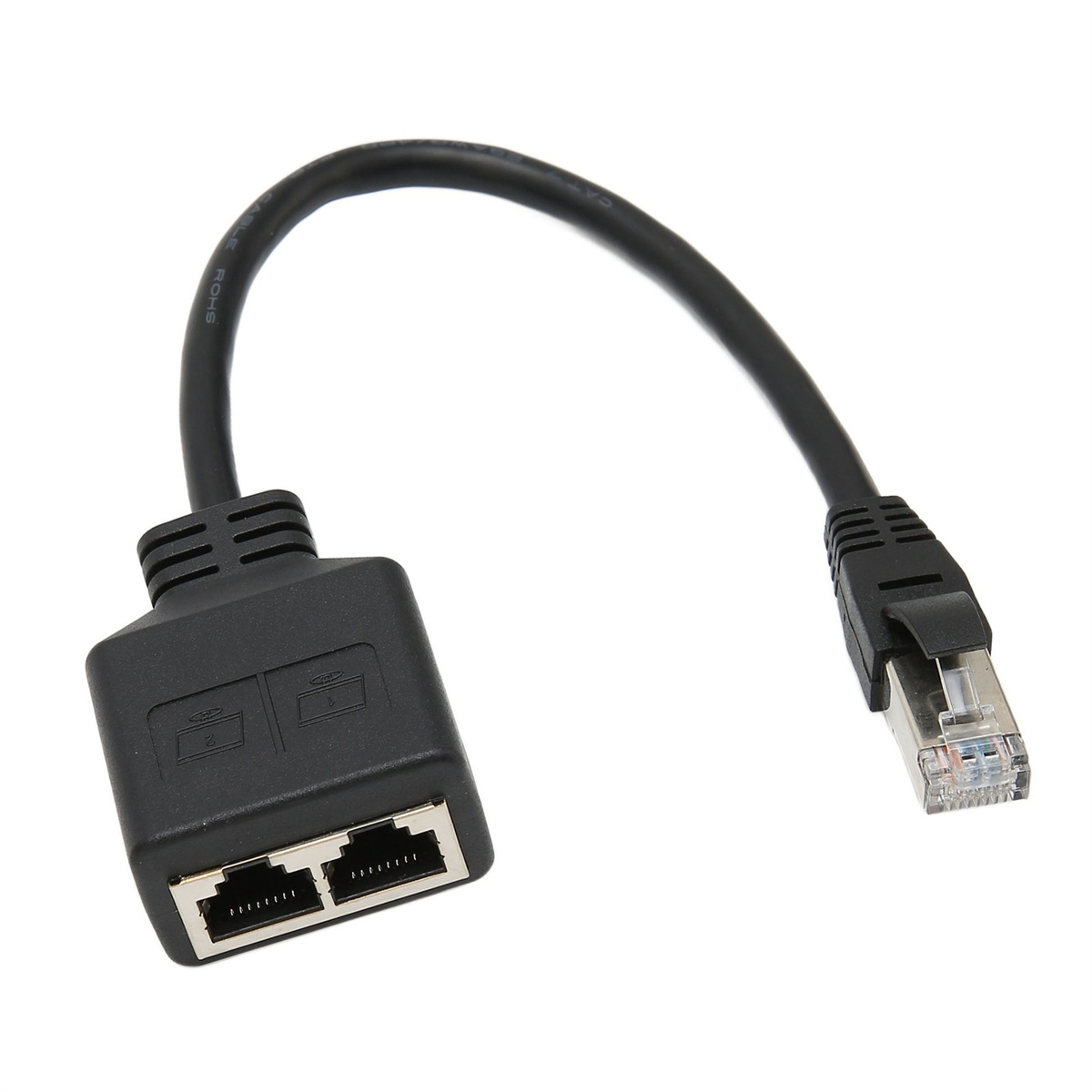 Schwarzer Netzwerk-Kabelteiler mit zwei Buchsen und einem Stecker.
