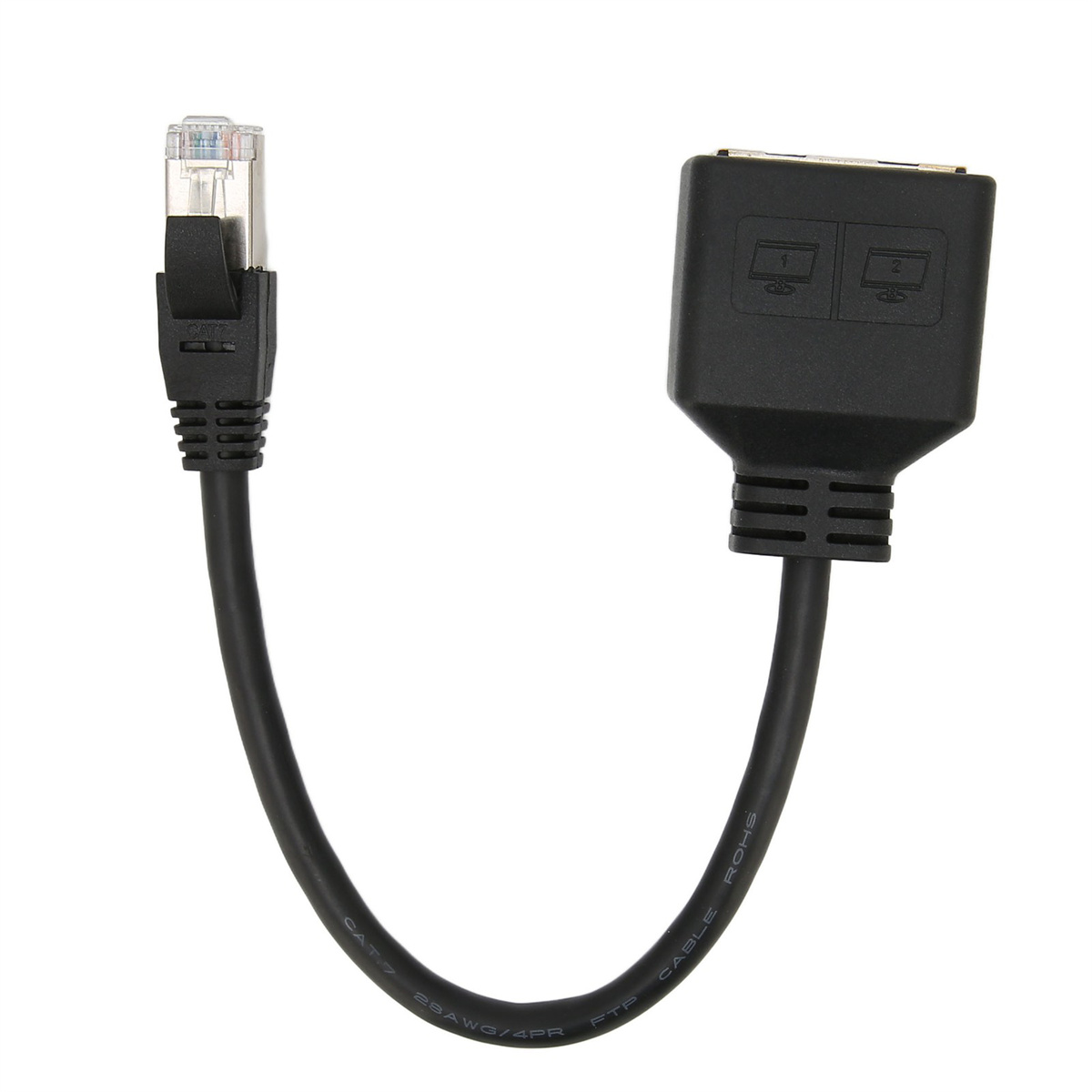 Ein schwarzer Netzwerk-Kabelverteiler mit zwei Anschlüssen und einem Stecker.