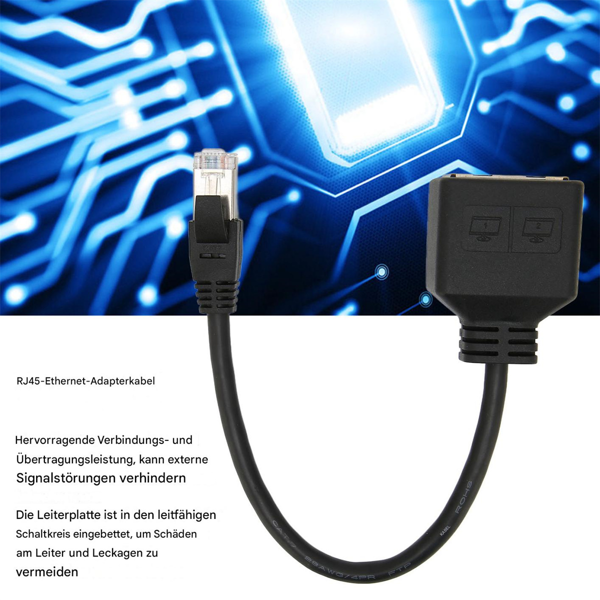 Ein Netzwerk-Kabelverteiler mit zwei Anschlüssen. Das Kabel ist schwarz mit Stecker.