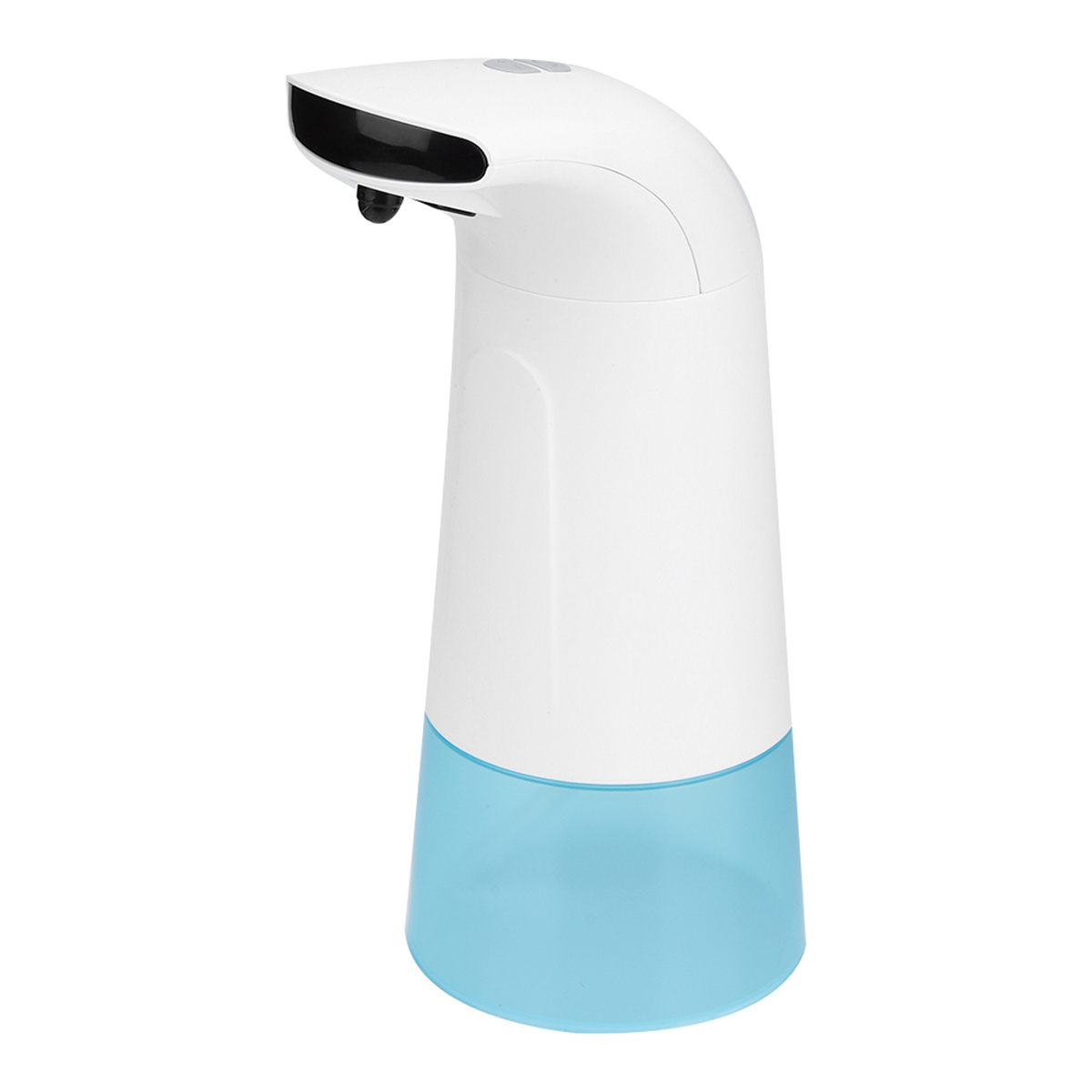 Ein automatischer Seifenspender. Weiße und blaue Farben. Blaue Flüssigkeit sichtbar. Weißer Hintergrund.