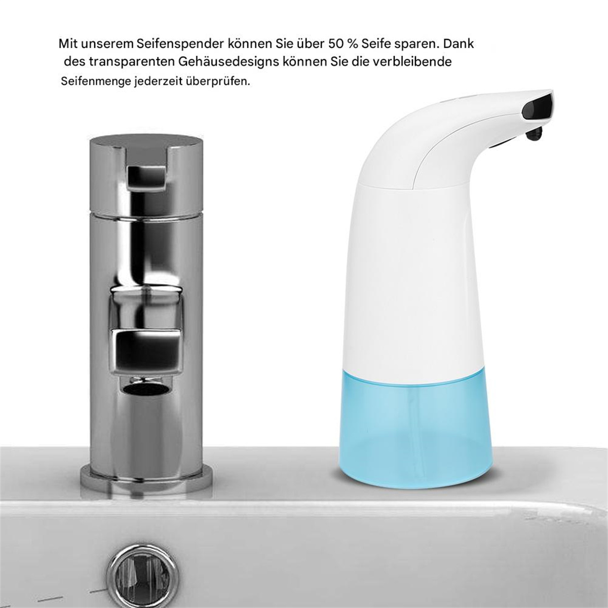 Ein Wasserhahn und ein automatischer Seifenspender auf weißer Oberfläche. Text auf Deutsch.