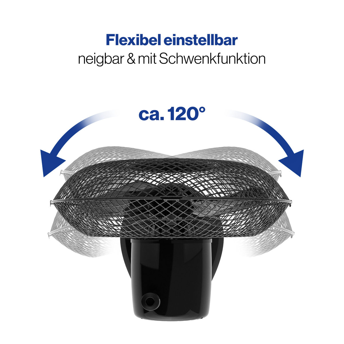 Czarny wentylator na białym tle obraca się. Tekst mówi: 'Elastyczna regulacja pochylenia i obrotu'.