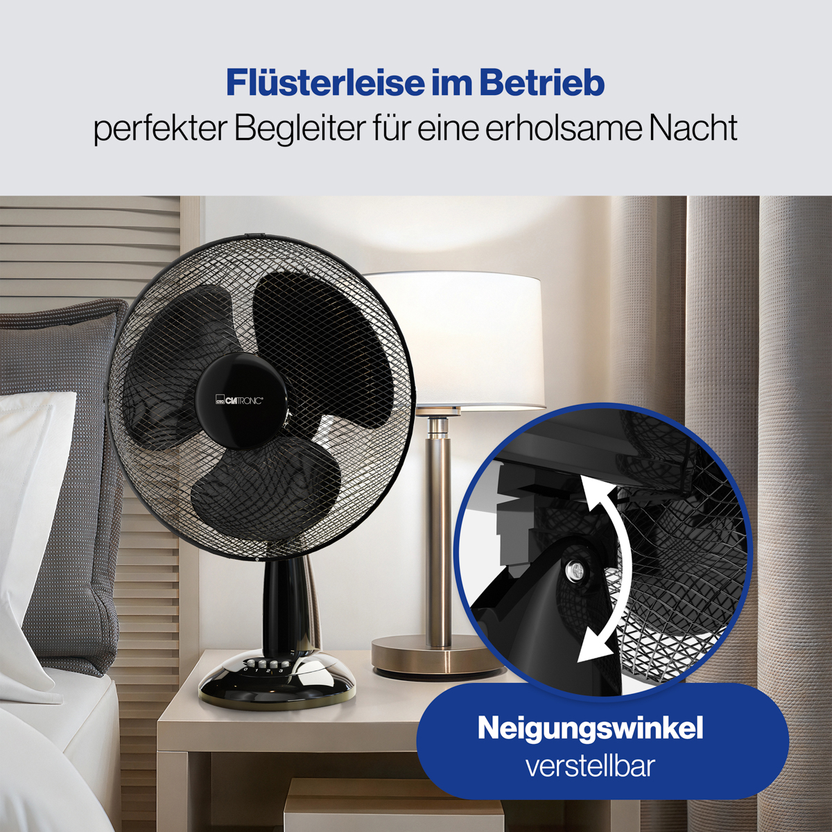 Czarny wentylator na stoliku nocnym z lampą. Wstawka pokazuje regulowane pochylenie.