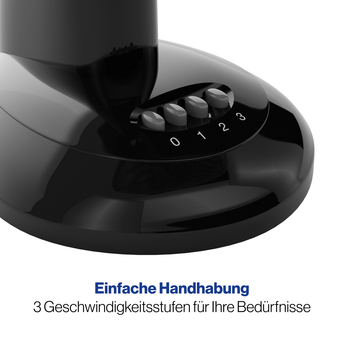 Czarna podstawa wentylatora z ustawieniami prędkości 0, 1, 2 i 3. Tekst wskazuje 3 prędkości.