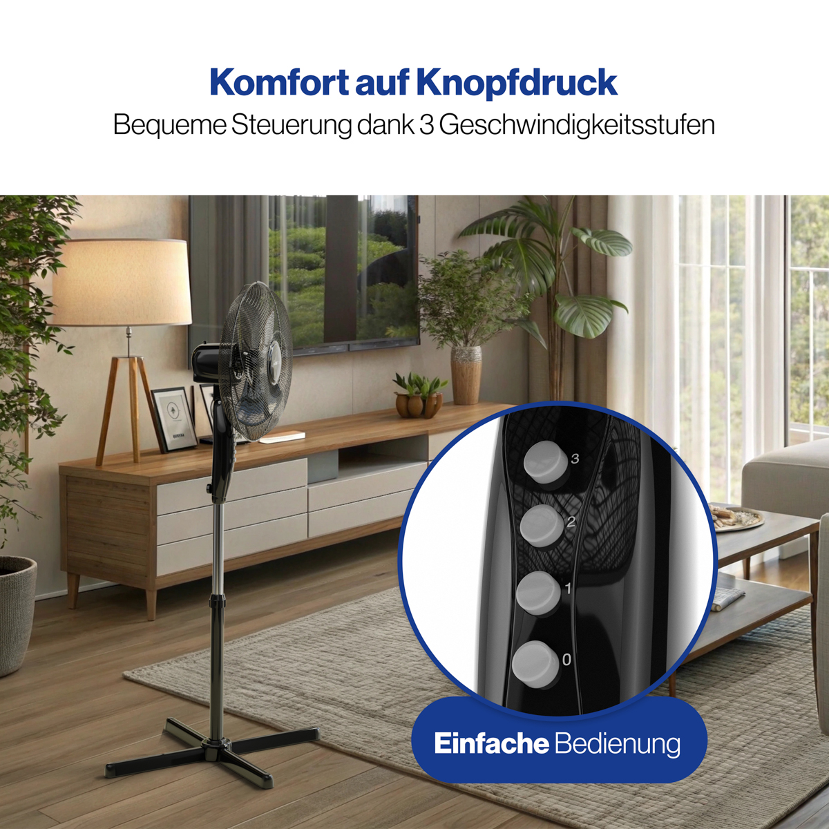 Czarny wentylator stojący z przyciskami sterowania. Wentylator znajduje się w salonie z telewizorem i sofą.