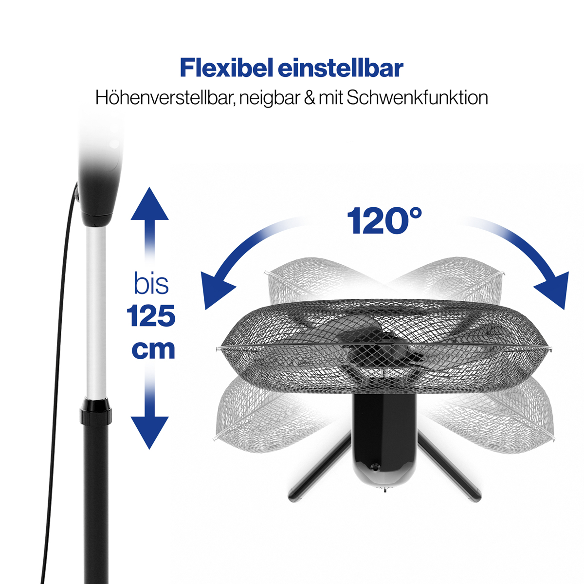 Czarny wentylator z kratką ochronną, regulowaną wysokością i oscylacją 120 stopni.