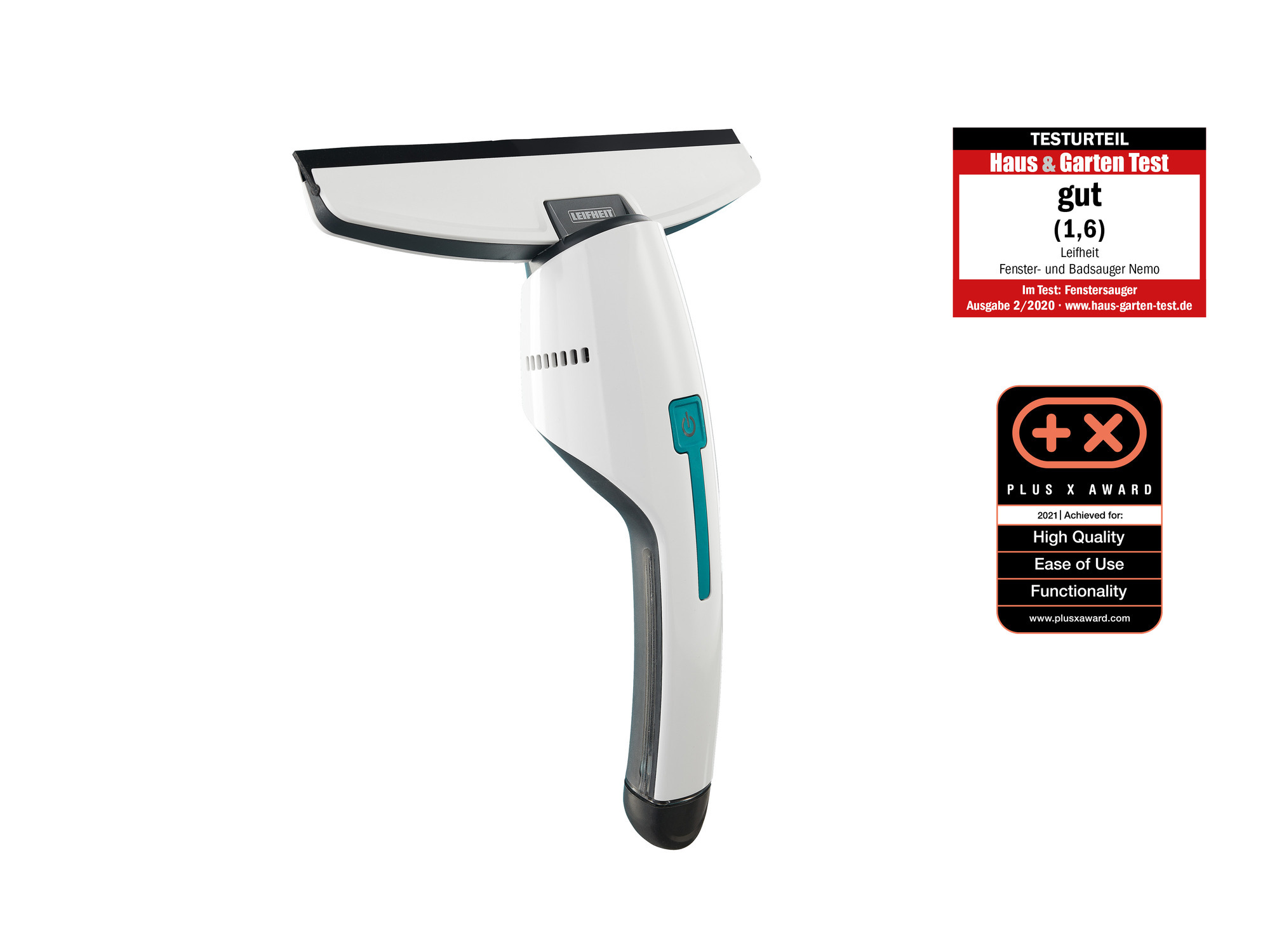 Środek do czyszczenia okien z białymi i turkusowymi akcentami, z nagrodami w tle.