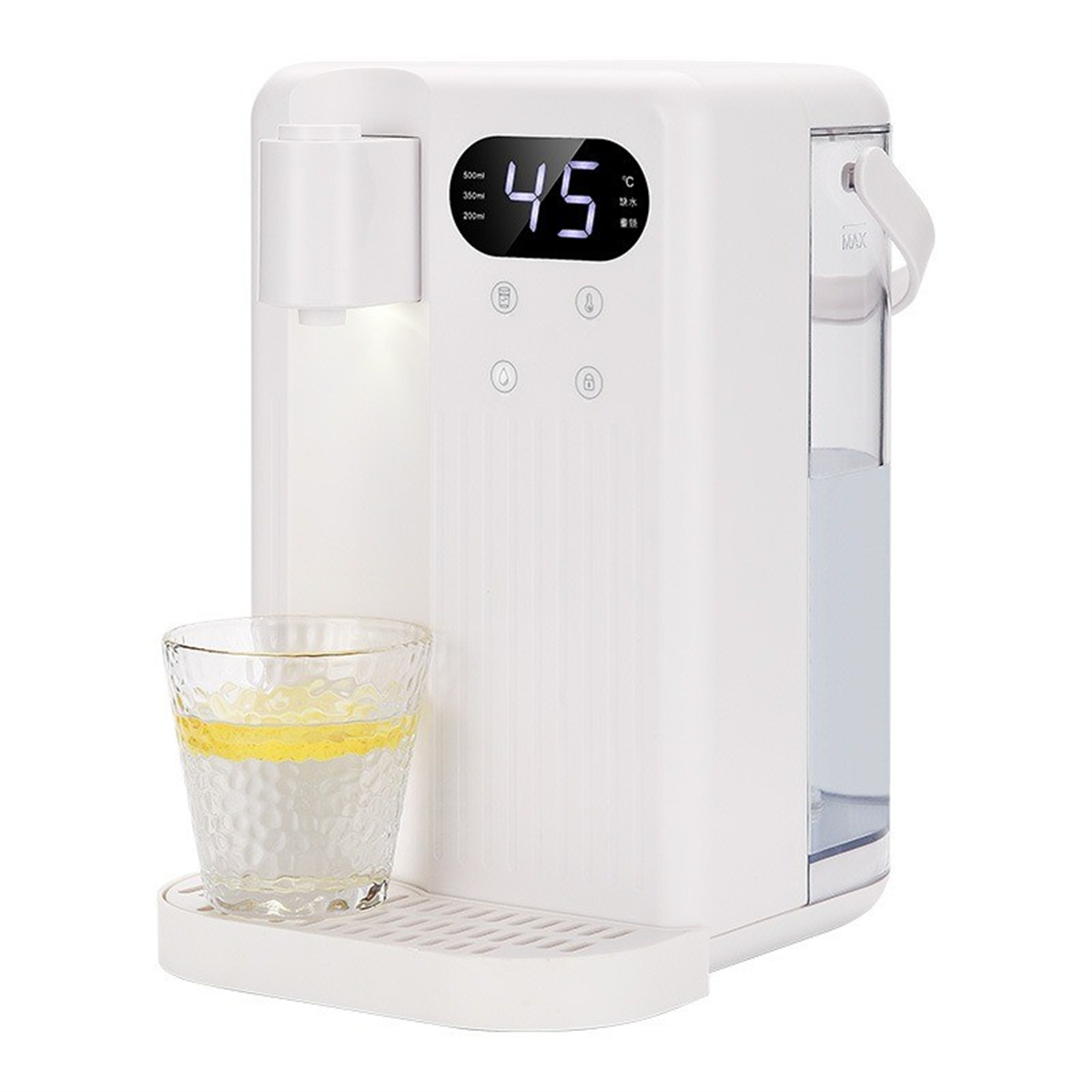 Weißer Wasserspender mit Digitalanzeige und Glas mit Wasser.
