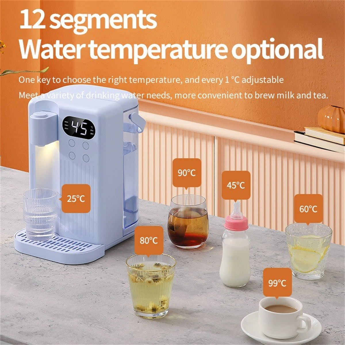 Ein kleiner Wasserspender mit Gläsern mit Wasser und Flüssigkeiten bei verschiedenen Temperaturen.