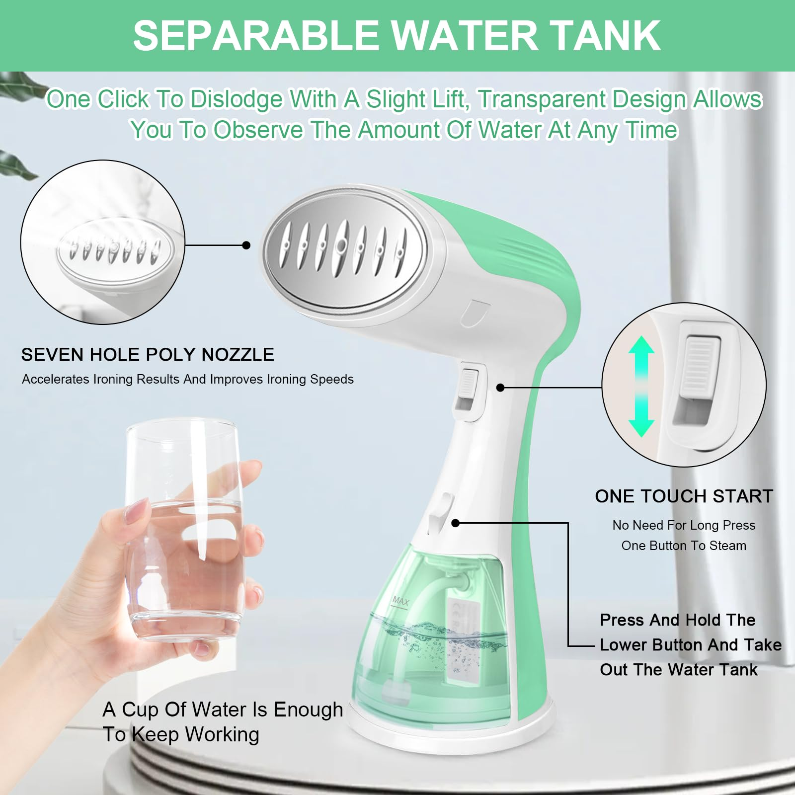 Ein weißer und grüner Handdampfer mit Wassertank, einer Sieben-Loch-Düse und einem Glas Wasser.