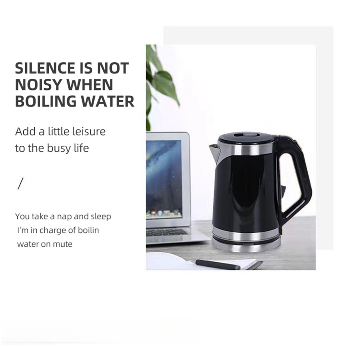 Ein Wasserkocher auf einer Theke, mit Text über kochendes Wasser.
