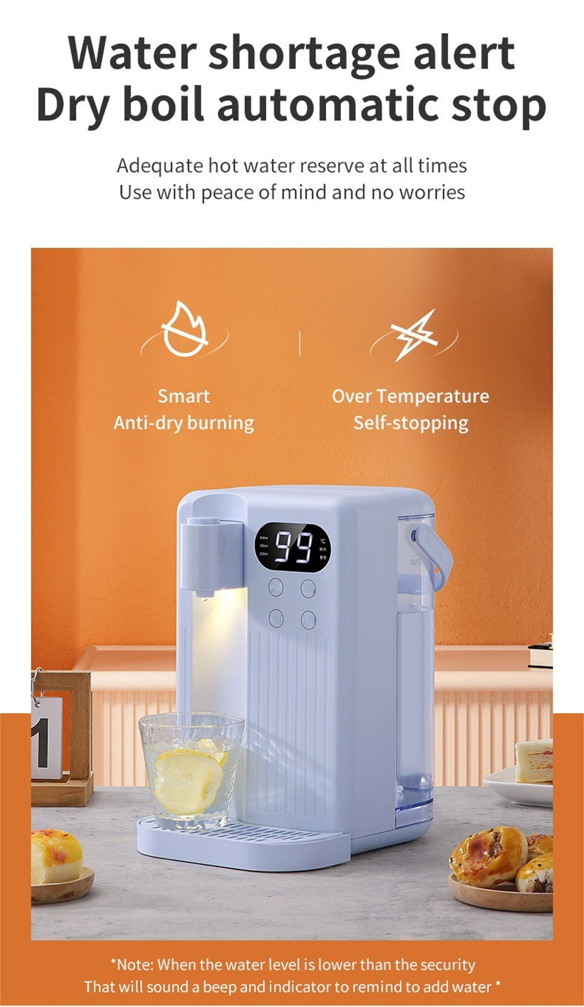 Blauer Wasserspender mit Digitalanzeige und einem Glas Wasser. Text über automatischen Stopp.