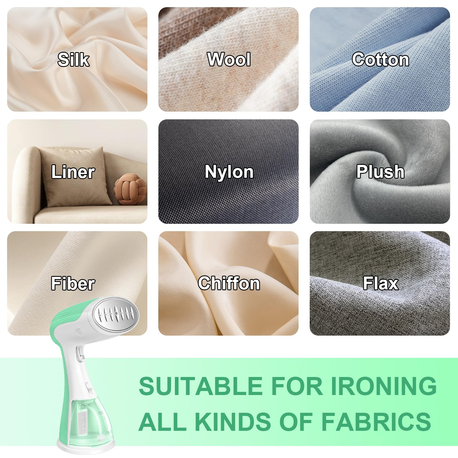 Das Bild zeigt Stoffmuster: Seide, Wolle, Baumwolle, Futter, Nylon, Plüsch, Faser, Chiffon und Flachs.